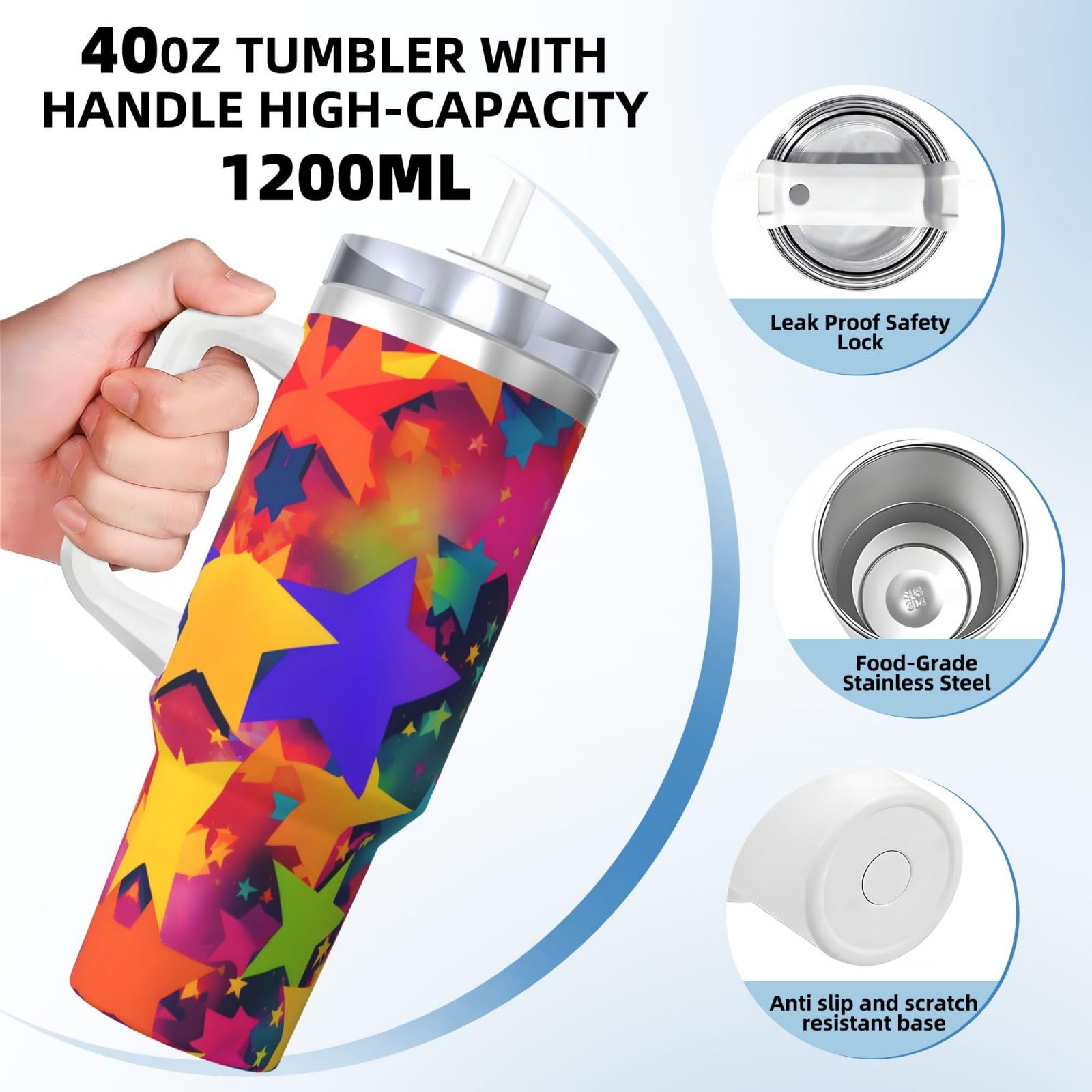Rainbow Stars Ice Bully Doppelwandige isolierte Wasserflasche mit Griff und Strohhalm-Deckel, 1,2 l