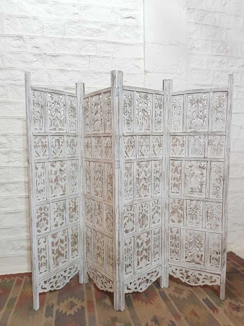 Buy Hand Carved Indian Partition Screen Room Divider Whitewash 78.7