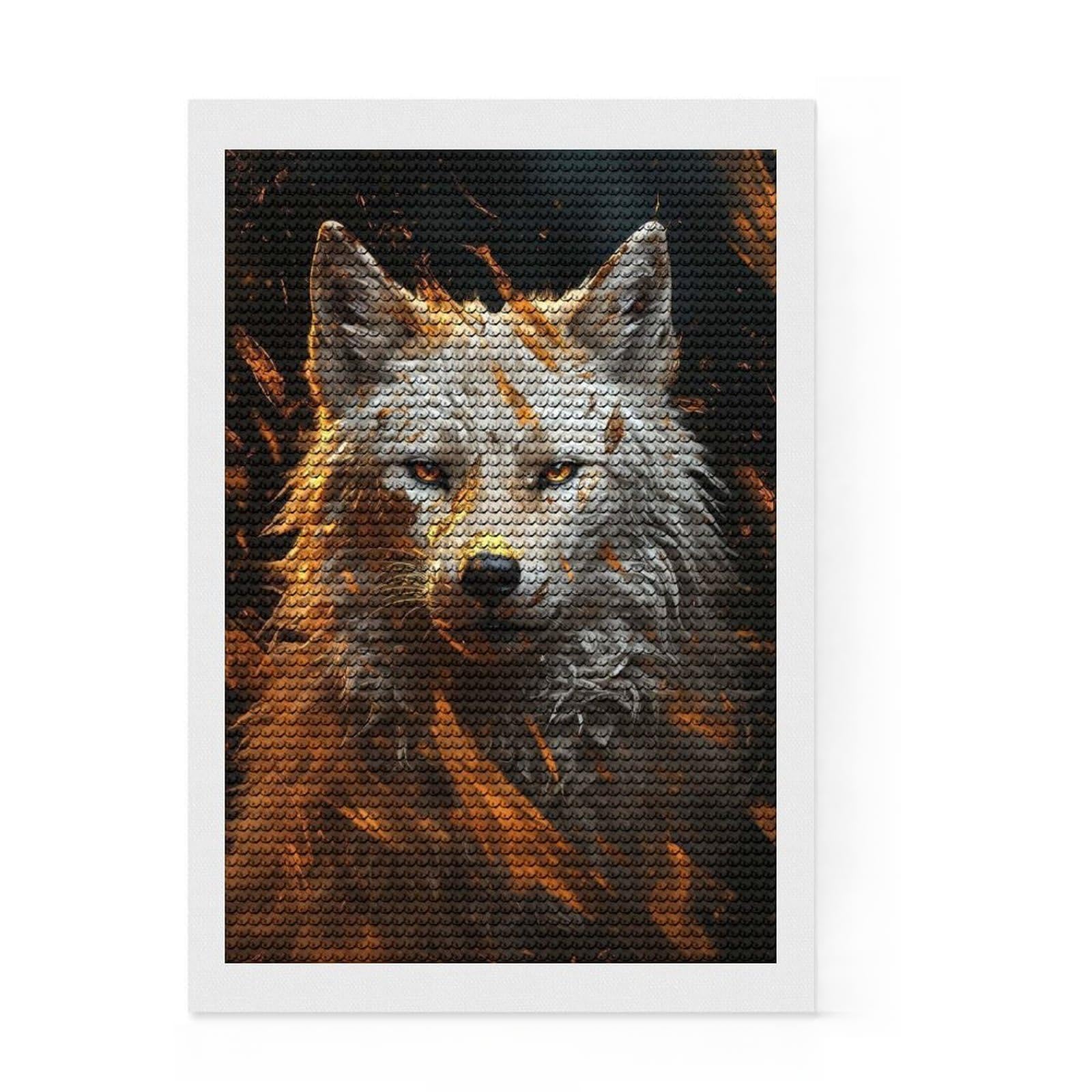Junmoney White Wolf in Gold Diamond Art Canvas 8"x12", Home Wall Decor, for Craft Lovers, Stress Relief Craft, Holiday Gift Idea