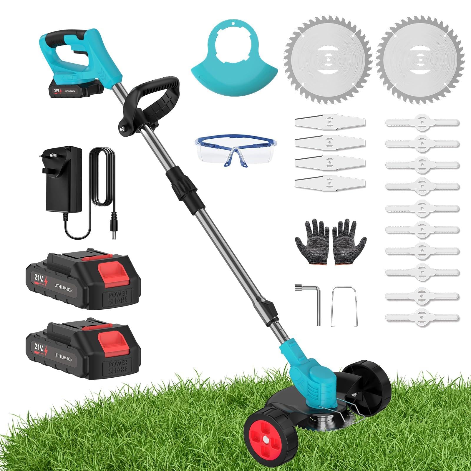 Cordless Grass Strimmer, 21V Strimmer Cordless with 2 X 2000mAh Battery and Charger, 3 Types 16 Blades, Garden Trimmer Telescopic Lightweight with Roller, 7800/min, for Gardens, Park Lawns