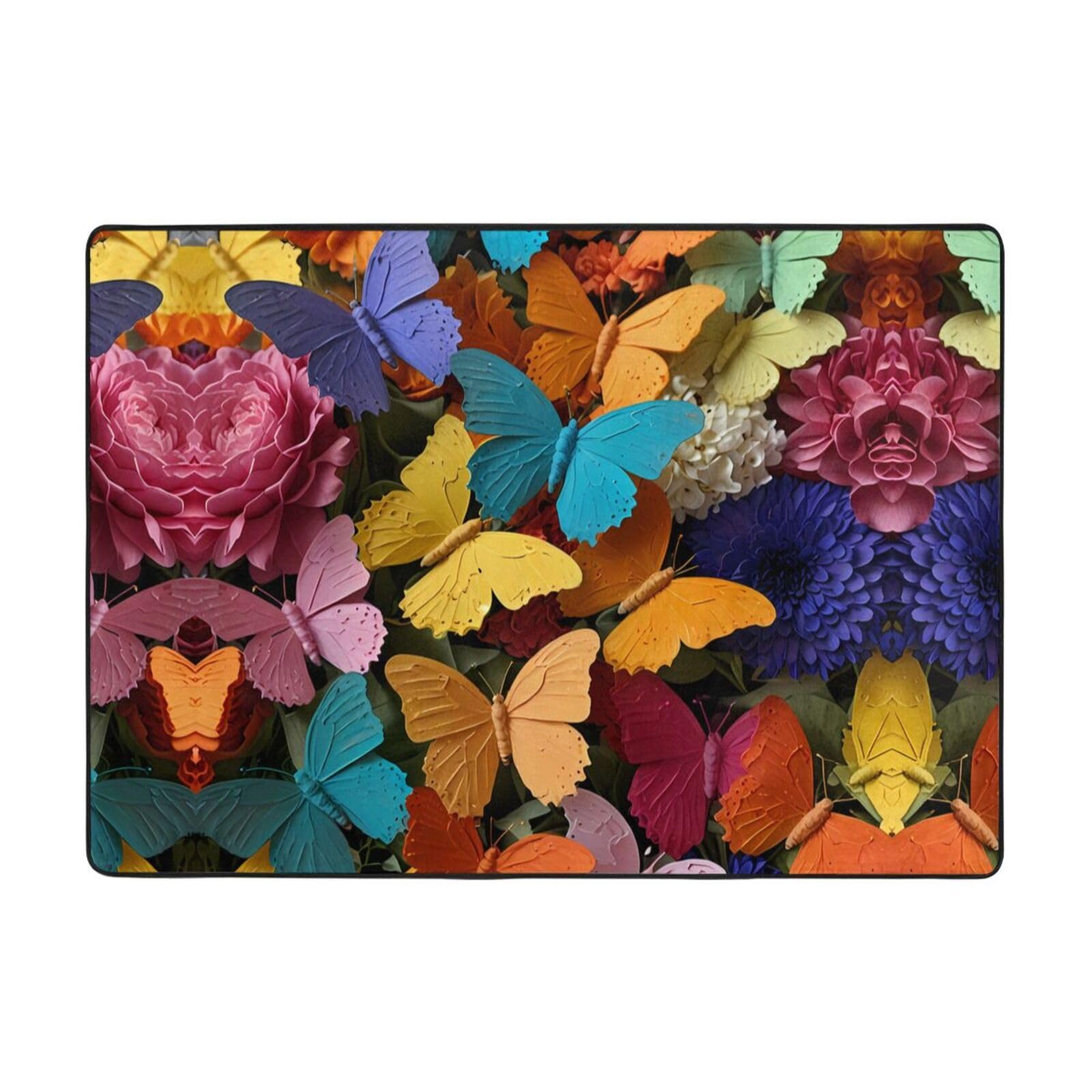 Tapis bouquet de papillons colorés grand format 203x147 cm salon balcon