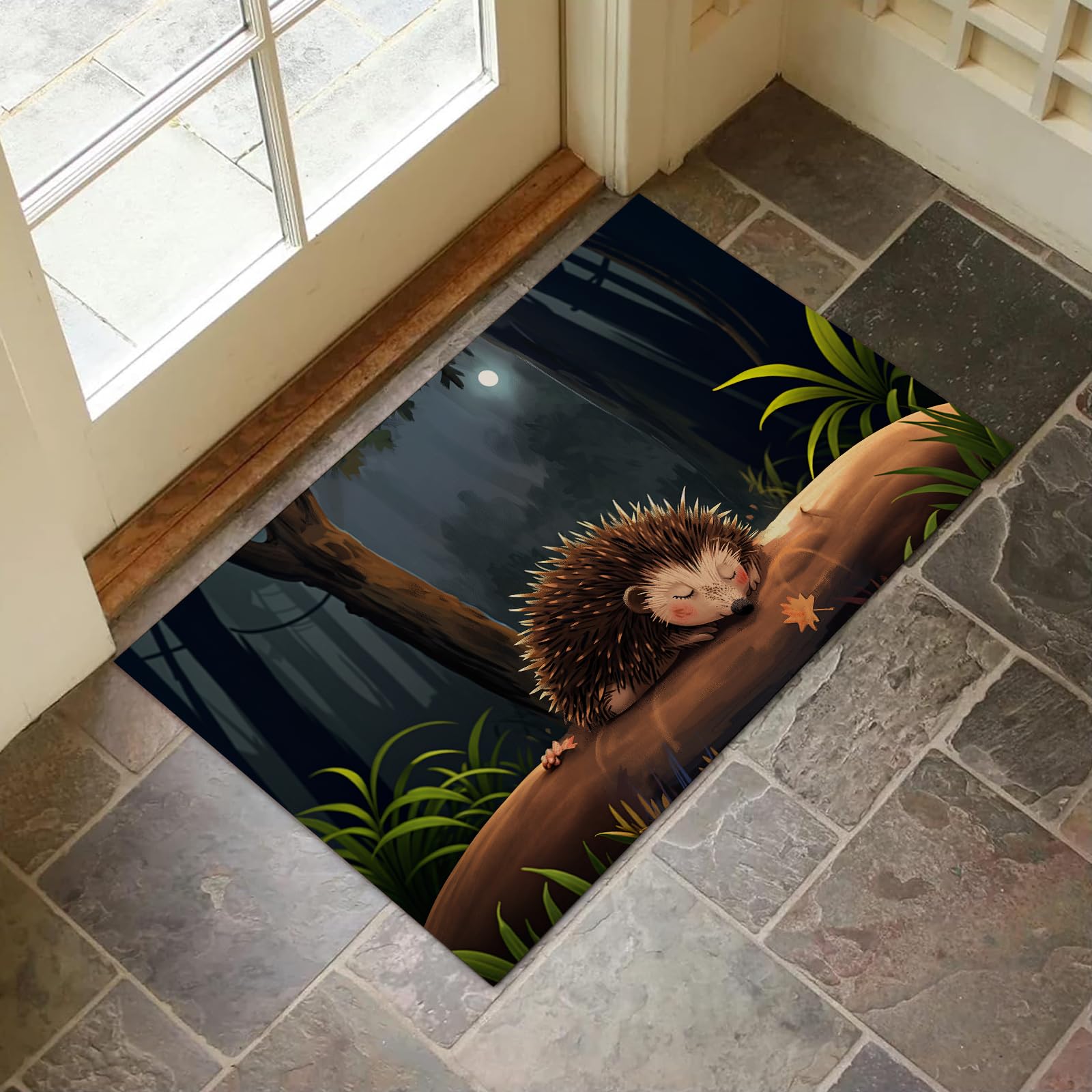VANZEV Hedgehog Forest Indoor Door Mat for Entryway, 17x29.5 Inch, Woodland Scene Floor Doormat for Home Decor, Non-Slip Rug Mat for Living Room,