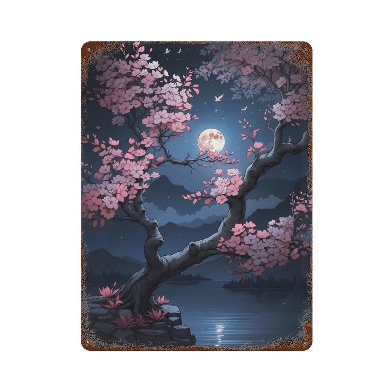 Garage Style Sakura Night Vintage Rust Metal Sign 15.7"x11.8", Retro Wall Decor for Bar And Workshop