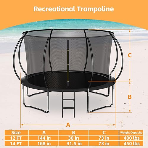 Vista 34 de Trampolín para niños y adultos, trampolín recreativo para niños de 14 pies con red de seguridad y escalera, trampolines recreativos al aire libre