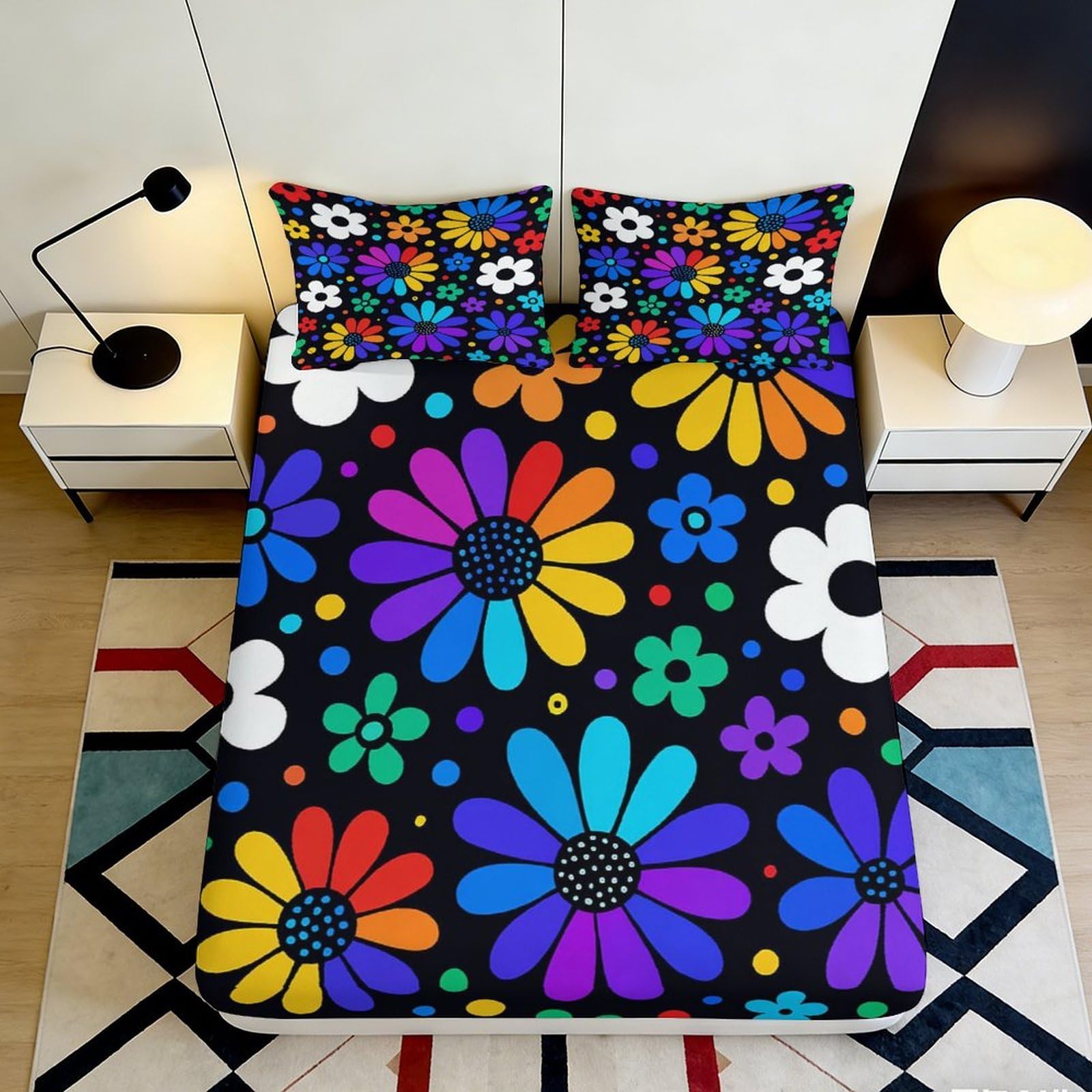 3D Printed Colorful Flower Fitted Sheet Microfiber Soft Vibrant Daisy Bed Sheet for Bedroom Dorm Mattress Protection Decor 90x200x25cm