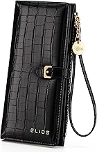 Elios Women Long Wallet Croc-Embossed PU Leather Wallet Zip Purse Multifunction Organizer Card Holder Clutch with Phone Pocket (Black)