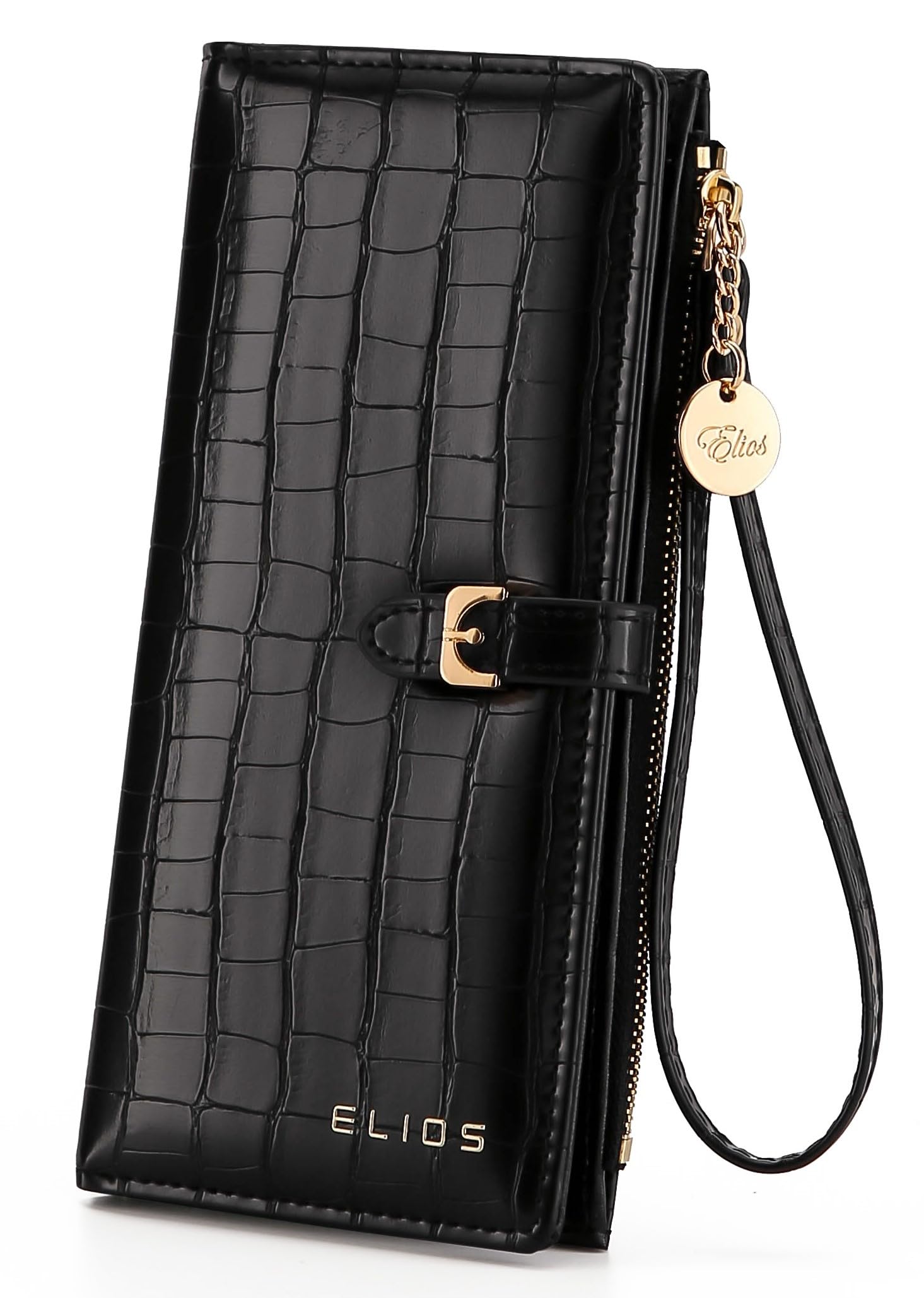 Women Long Wallet Croc-Embossed PU Leather Wallet Zip Purse Multifunction Organizer Card Holder Clutch with Phone Pocket (Black)