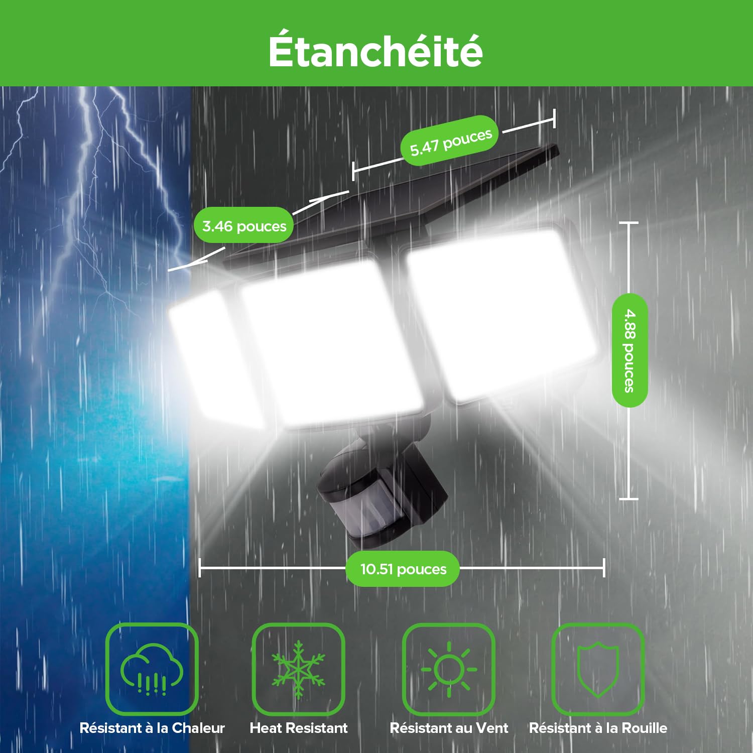 UME Lampe Solaire Extérieure, 302 LED, 1500 lm, Imperméable, Détecteur de Mouvement, Projecteur 3 Têtes, Angle d’éclairage large 270°, 3 Modes d’éclairage, Luminaire Extérieur pour Jardin