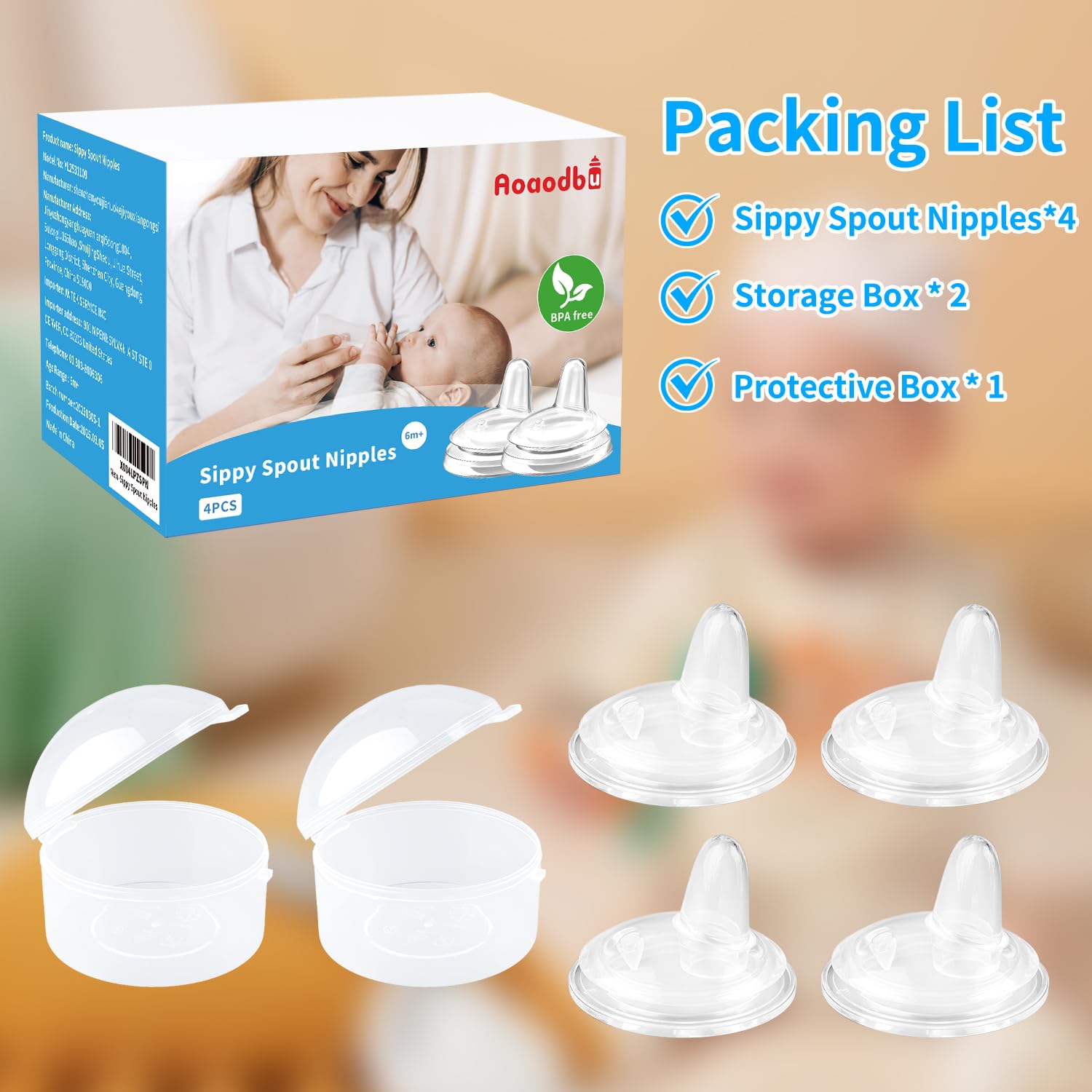 Sippy Spout Nipples Baby Bottles, Replacement Bottle Nipple BPA-Free, 4 Count, And 3 Holders, 6m+