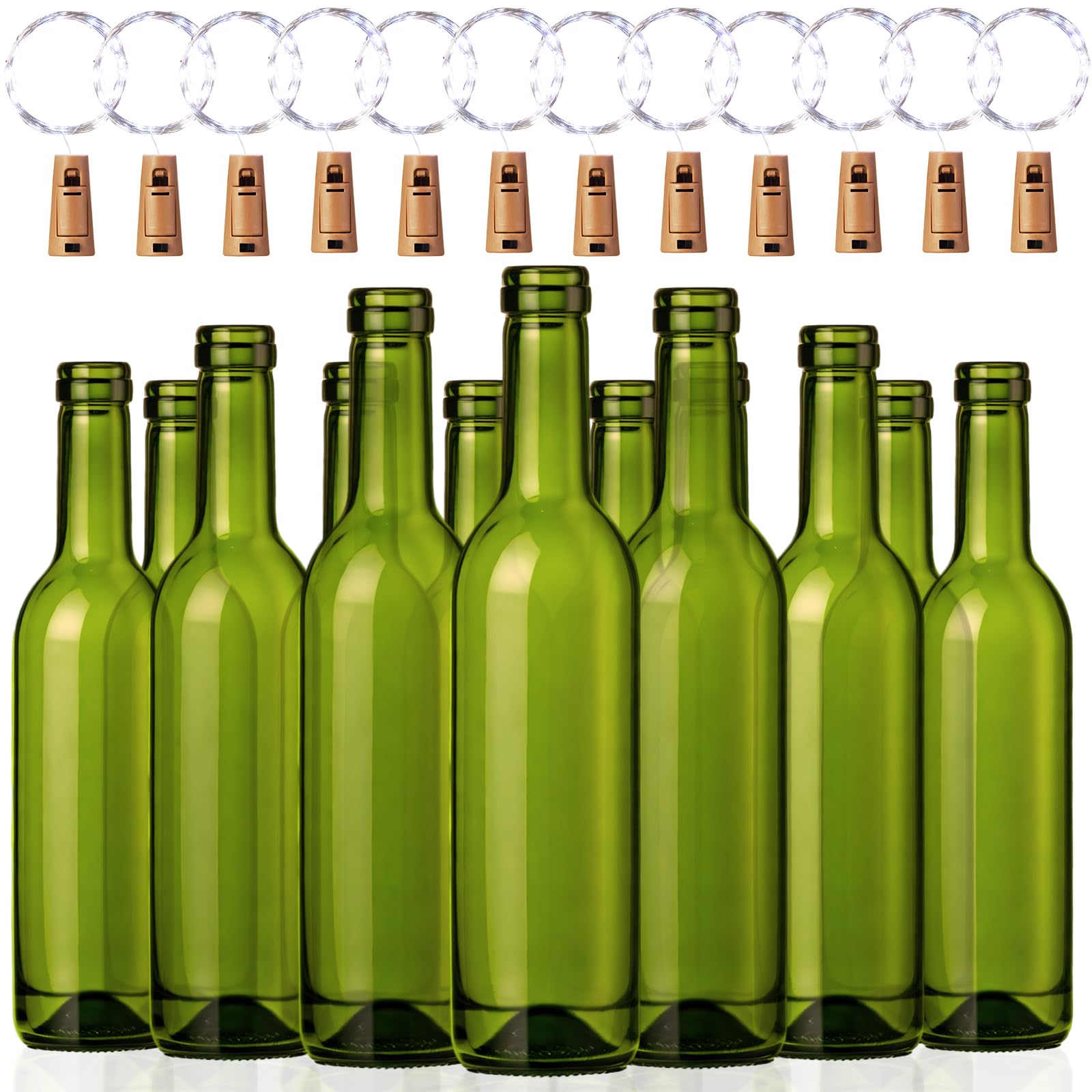 Rtteri 24 luci per bottiglie di vino con sughero, 12 bottiglie di vino vuote e 12 luci a 30 LED impermeabili a batteria, per decorazioni per feste di nozze (bottiglia verde scuro, 25,4 x 6,1 cm)