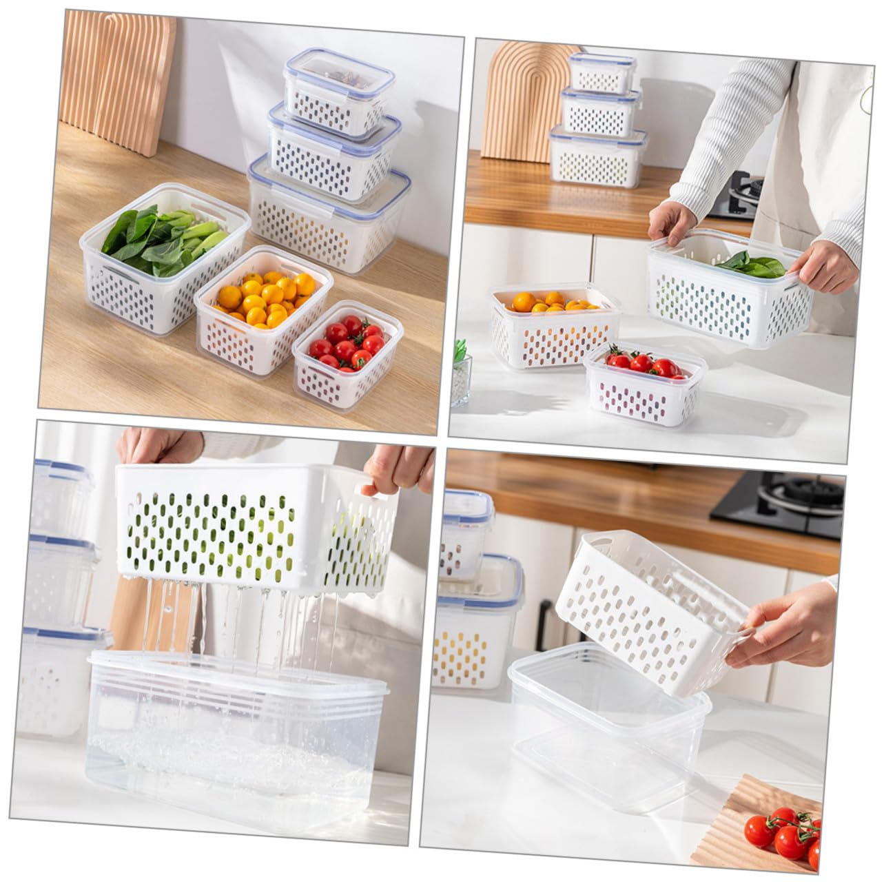 Alipis 3 Stück Kühlschrankbox aus Pp mit Deckel und Abtropfkorb | 850 Ml, 1750ml und 3300ml, Weißes, Herausnehmbarer Einsatz für Obst und Gemüse
