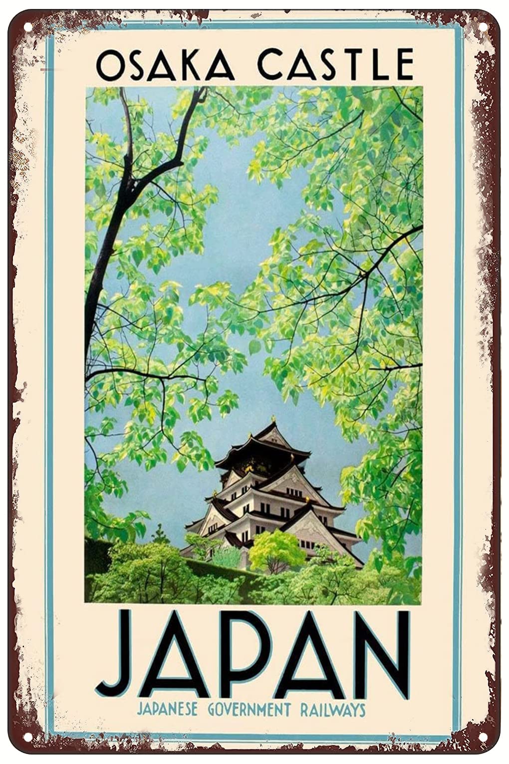 Travel Vintage Metal Plaque, Osaka Castle Tourism Theme Wall Decor, Home Hotel Cafe Ornament, 8x12 Inch
