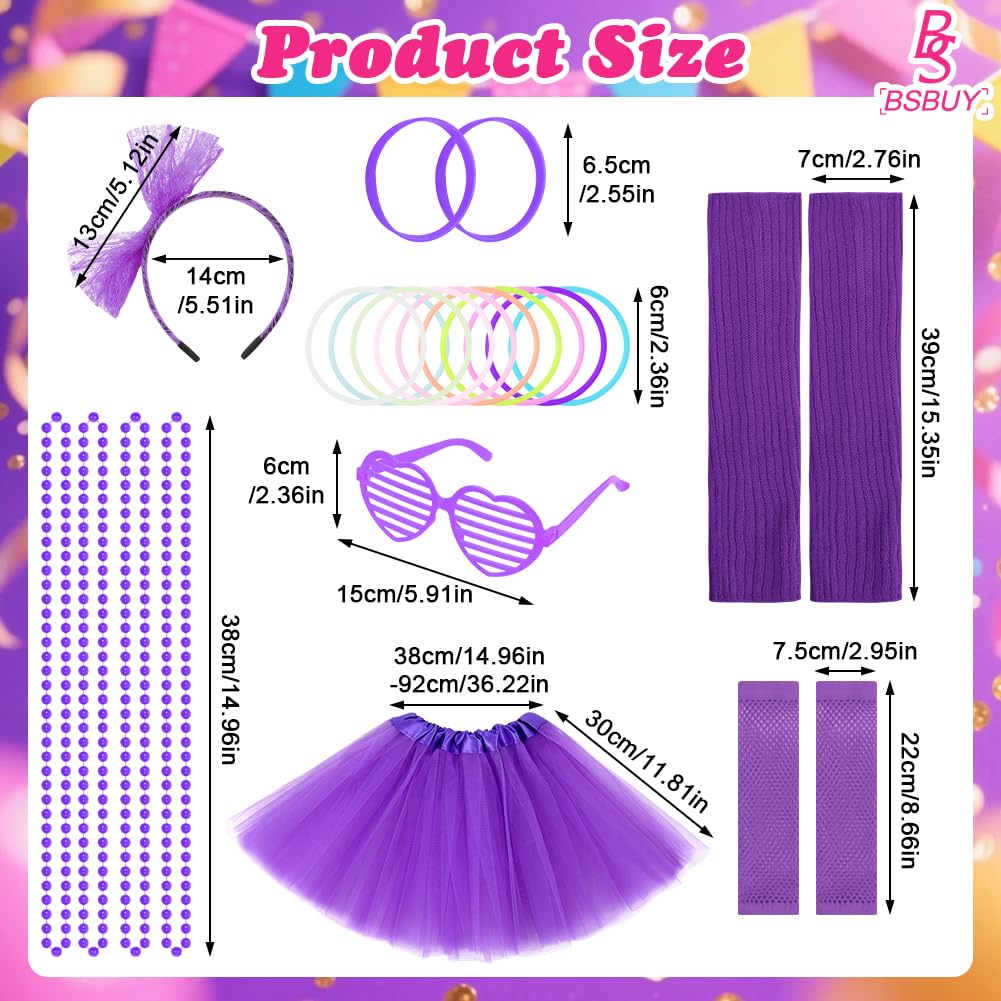 BSBUY 80s Fancy Dress Costume for Kids 21 Pcs 1980s Neon Costume Fancy Dress Outfit Dress Up with Tutu Skirt Fishnet Gloves Leg Warmers Glasses Bracelets Necklaces Headband Anklets Wristbands(Purple) - Image 2