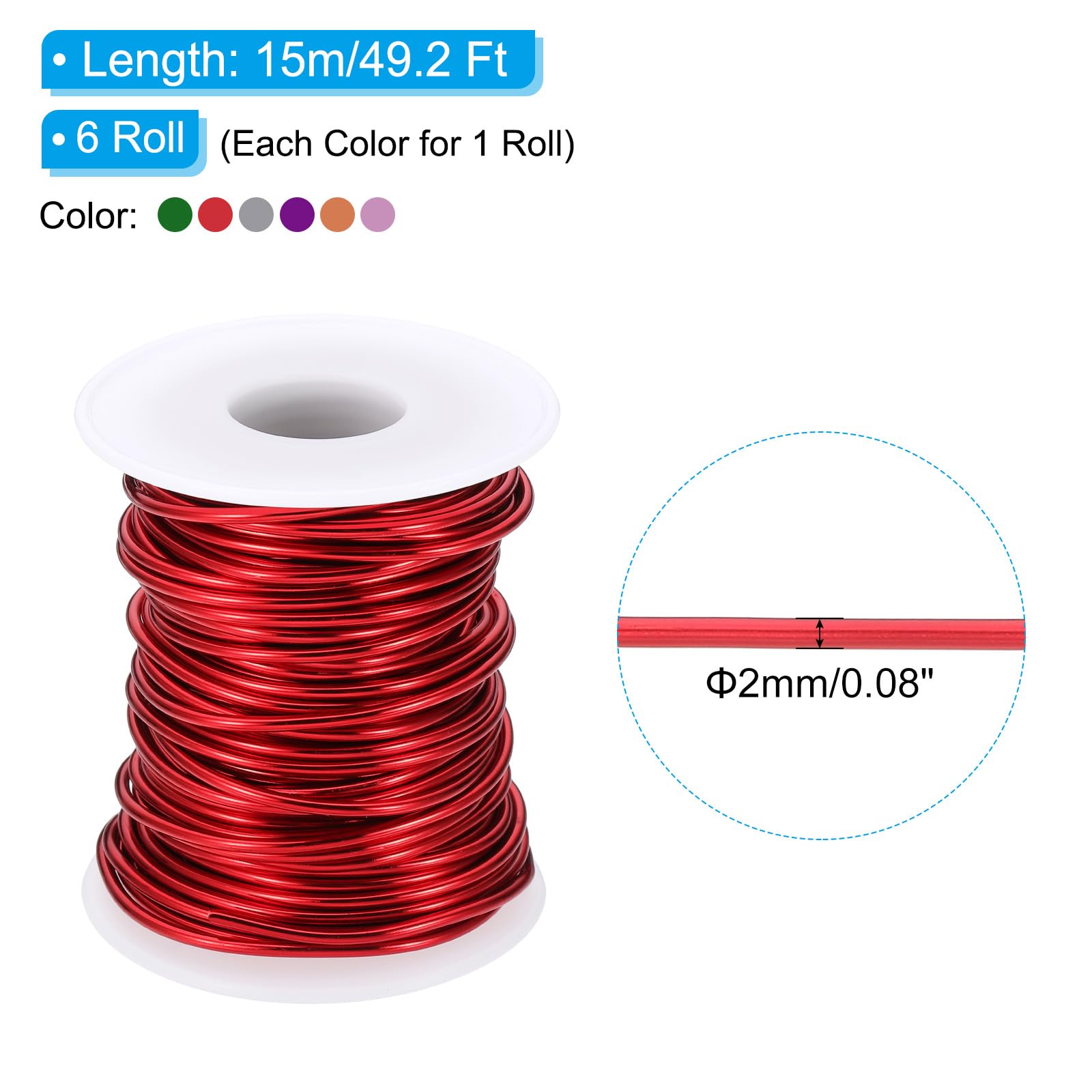PATIKIL 12 Gauge 2 mm Aluminium Basteldraht, 49,2 ft Metall Draht 6 Rollen Armatur Biegedraht für Schmuckherstellung Metall Wicklung DIY, Grün/Hellrosa/Roségold/Rot/Saphirblau/Silber