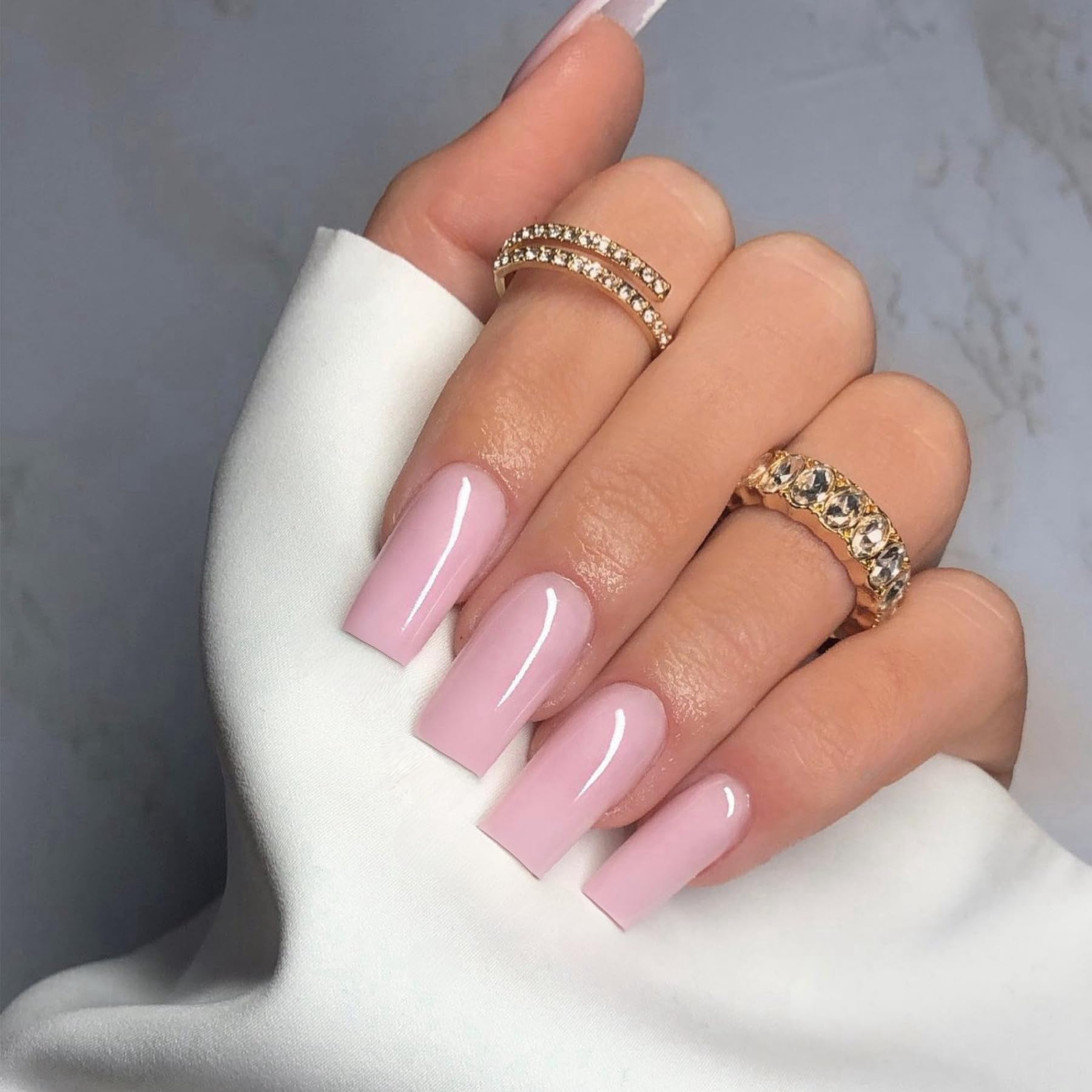 Pink Press On Nails Medium Long Square, Xcreando Medium Coffin Nails Acrylic Press ons Glue on Nails, Solid Color Fake Nail for Women, Natural Thick