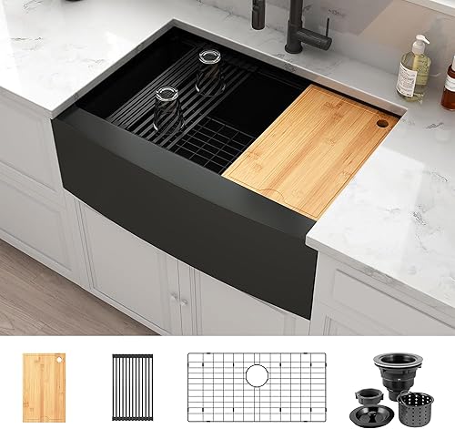 Miniatura 8 de Fregadero de cocina de granja negro de 33 pulgadas, fregadero de granja de 33 x 20 pulgadas, fregadero de cocina grande y profundo de 33 x 20 x 10