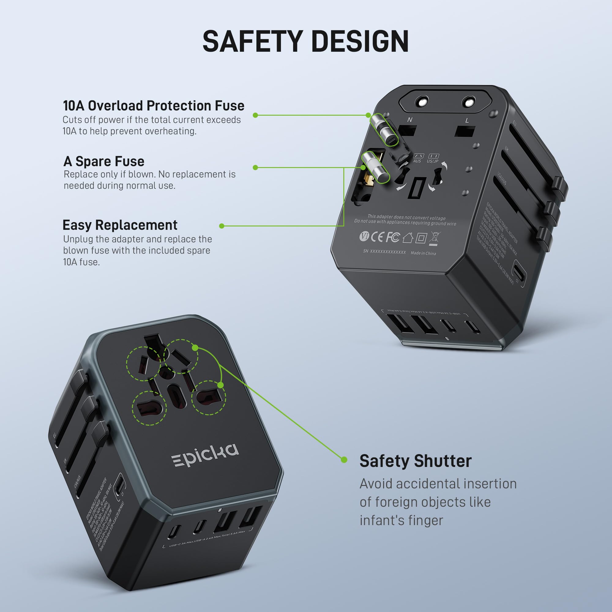 EPICKA Universal Travel Adapter - Charge 6 Devices! -6 EPICKA Universal Travel Adapter - Charge 6 Devices! -6