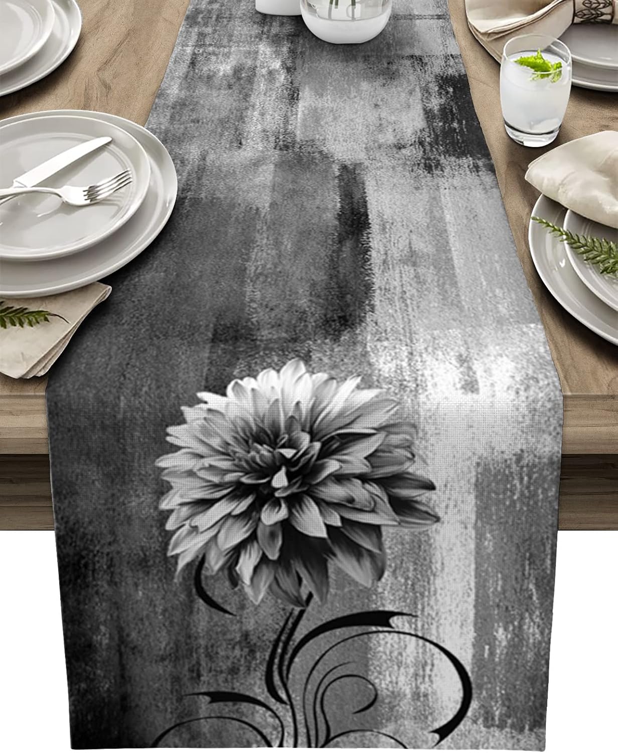 Black Dahlia Table Runner 60 Inch Long Modrn White Gray Ombre Floral Oil Painting