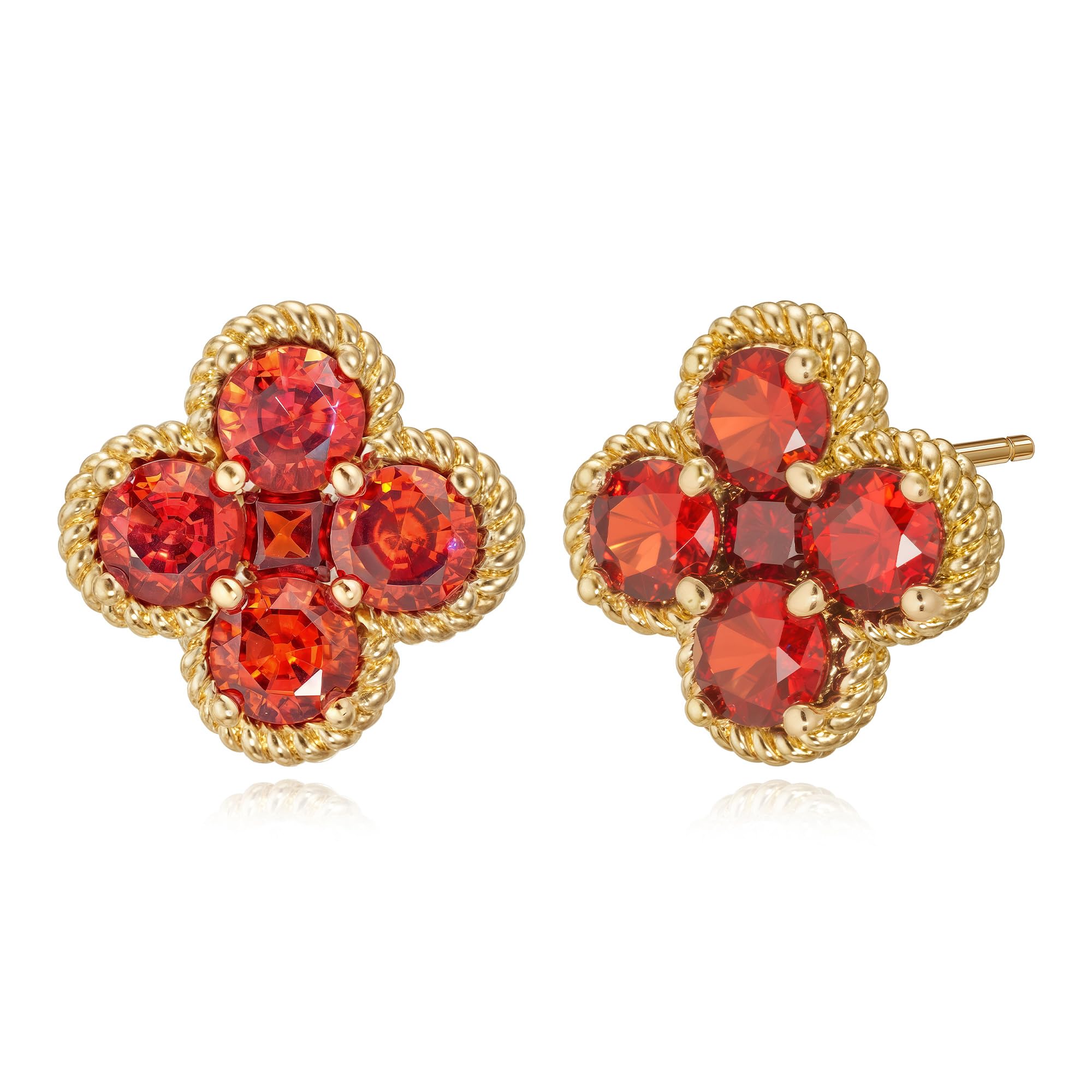 Gold Ohrstecker für Damen Trendige 14k arätig vergoldete zierliche kleine rote Blumen-Ohrstecker mit Zirkonia und Kleeblatt-Motiv Geburtsstein-Ohrringe Schmuck für Damen