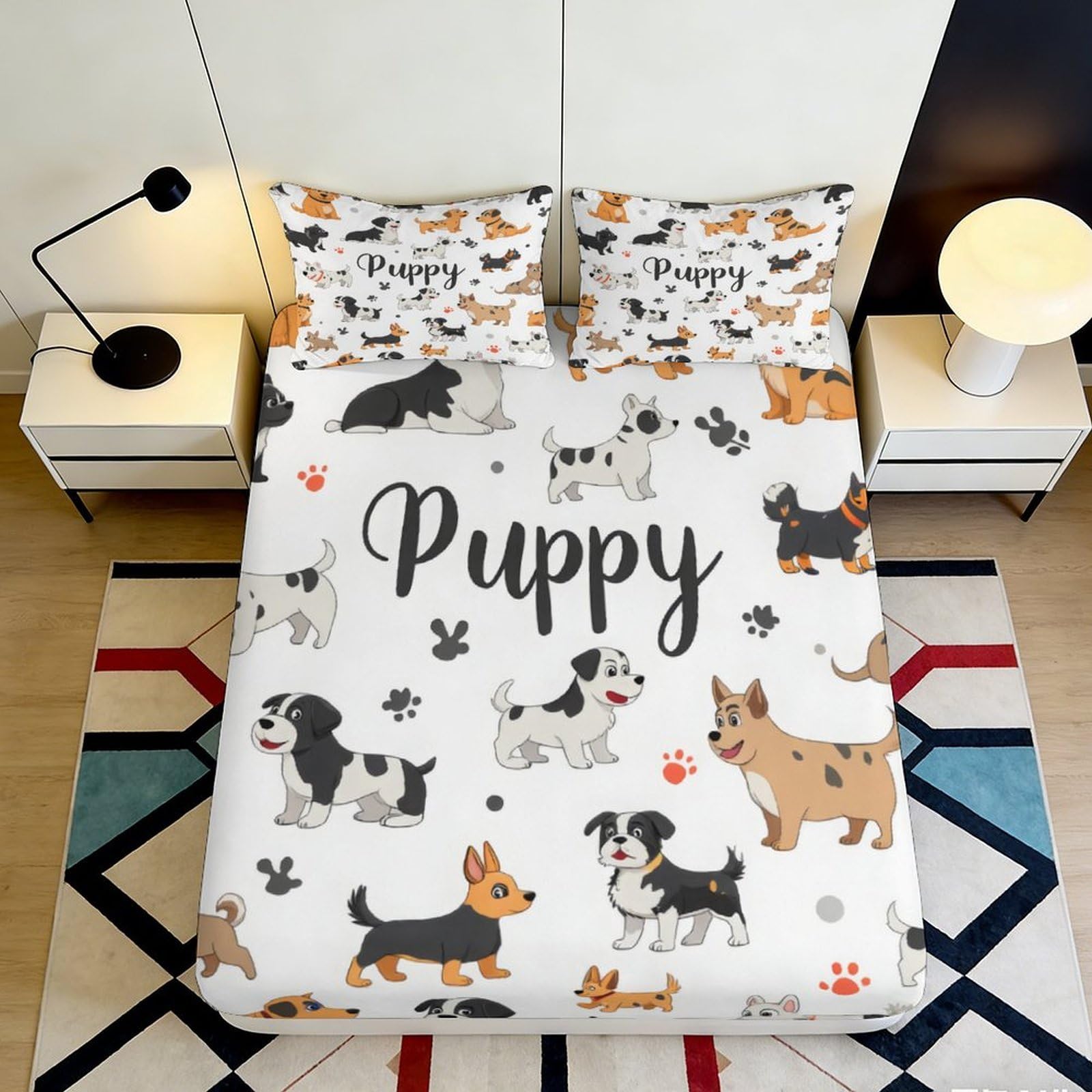 3D Printed Puppy Pattern Fitted Sheet Microfiber Soft Breathable Dog Cartoon Bed Cover for Bedroom Dormitory Guest Room Mattress Protection Decor 90x200x25cm