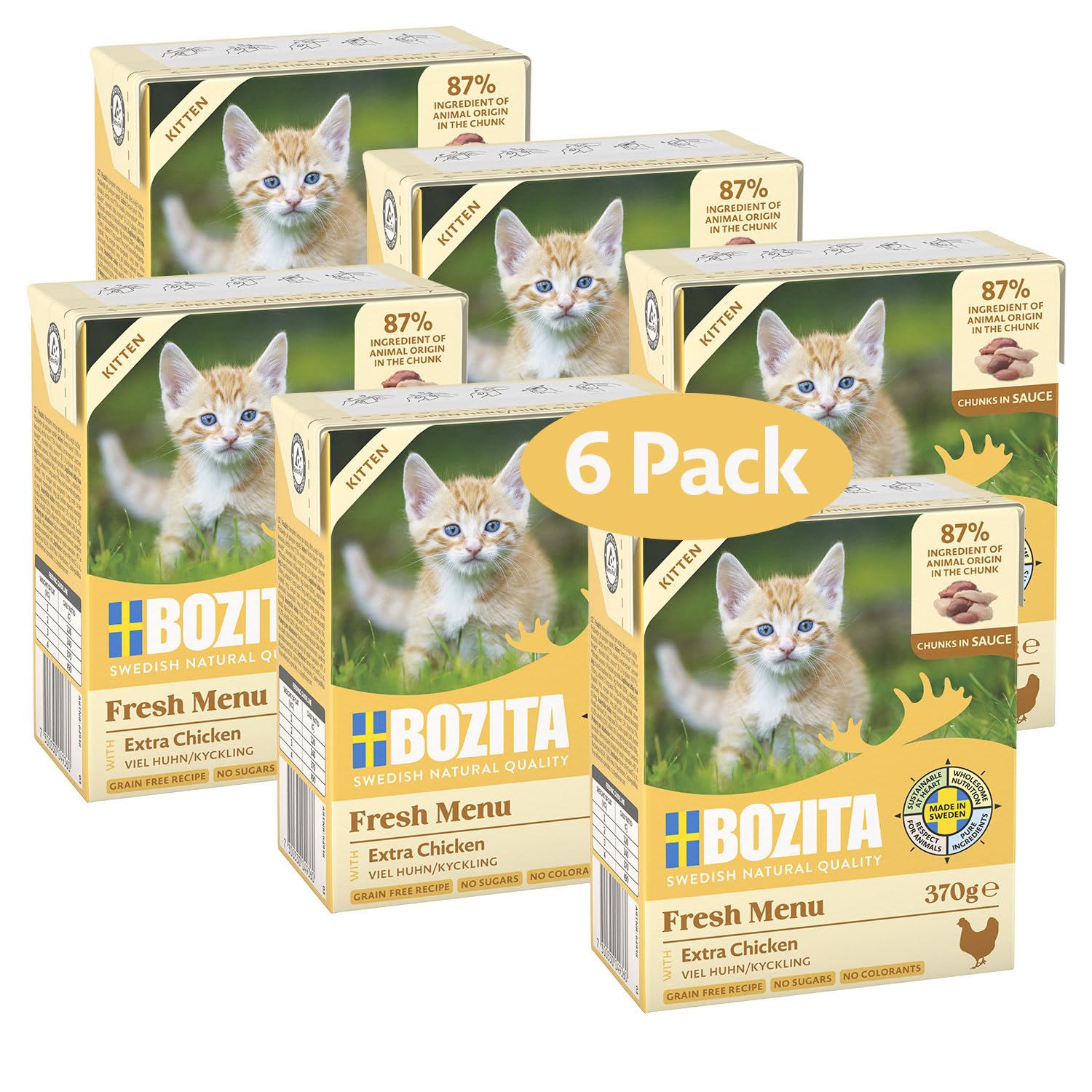 Bozita Comida húmeda Esterilizada en Salsa con Mucho Pollo, Paquete de 6 Alimentos para Gatos de 370 g, sin Cereales ni azúcar, con 8,5% de proteína y 4,5% de Contenido de Grasa, sin ingeniería