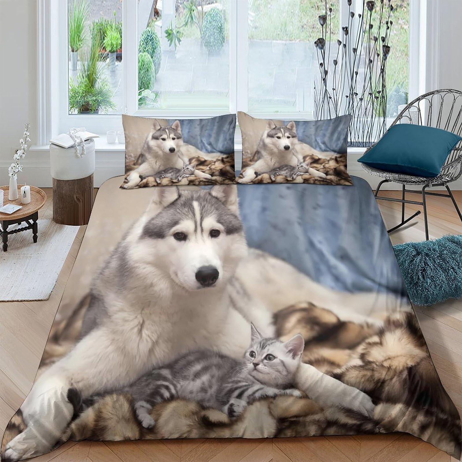 Ctjqhvkz Style-7 3D Printed Husky Dog Fitted Sheet Microfiber Soft Bedding With Cat Pattern Mattress Cover For Bedroom Guest Room Decor Single（135X200cm）
