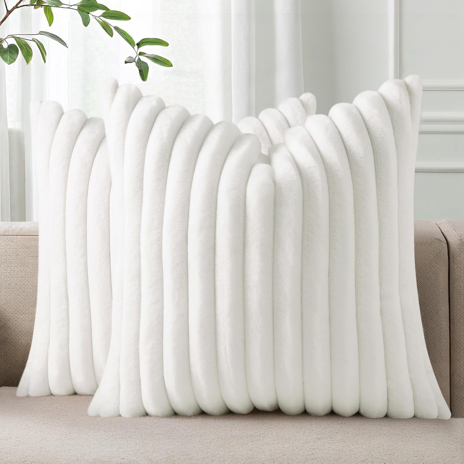 Pallene Faux Fur Plush Throw Pillow Covers 26x26 Set of 2, Luxury Soft Fluffy Striped Decorative Pillow Covers for Sofa, Couch, Living Room, White White 26" x 26" (Pack of 2)