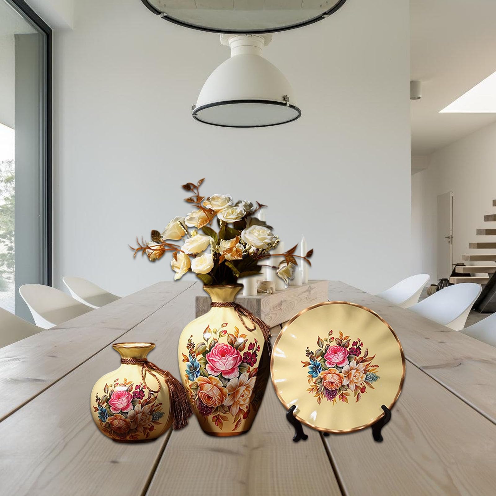 Set di 3 vasi decorativi in ceramica e vassoio rotondo moderno da tavolo per composizioni floreali regalo inaugurazione della casa vasi multiuso set per scaffali