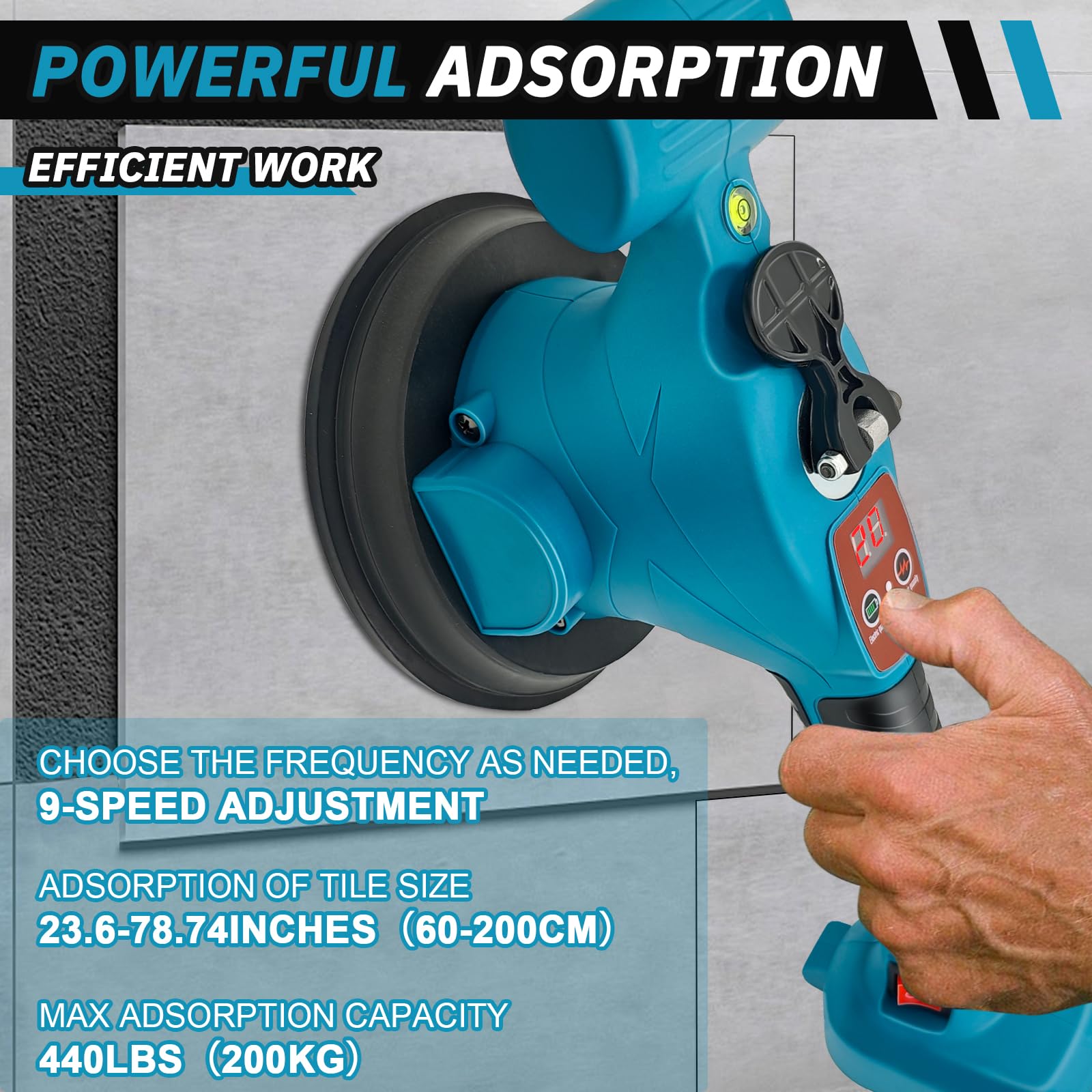 Professioneller Akku Fliesenleger, Fliesenvibrator kompatibel mit Makita 18V Akku, Fliesenlegergerät mit 9 verstellbaren Zahnrädern, 16cm Saugnapf und 200kg Adsorption zum Verlegen von 0,3-2m Fliesen
