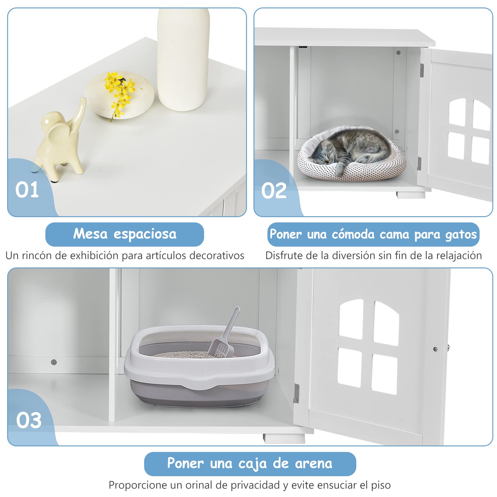 COSTWAY Arenero para Gatos -Casita con Entrada Lateral Opcional, mesita de Noche con Dobles Puertas y Ventanas, Casita Decorativa Ventilada (Blanco)
