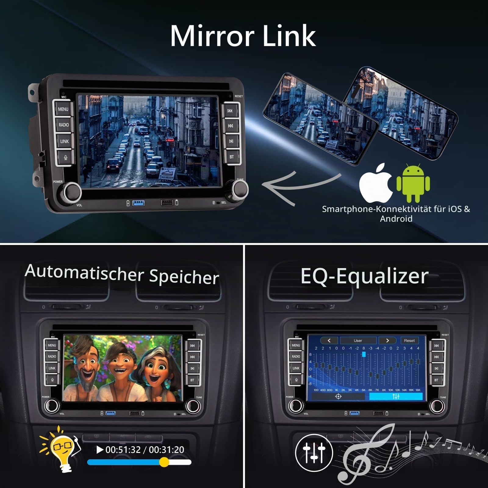 Linux Autoradio Mit Bildschirm für Golf 5 6 VW Polo 6R T5 Passat Touran Seat mit Navi FM/AM, WLAN, Apple Carplay, Android Auto, Lenkrad Strg, DAB AutoTouch Display 7 Zoll