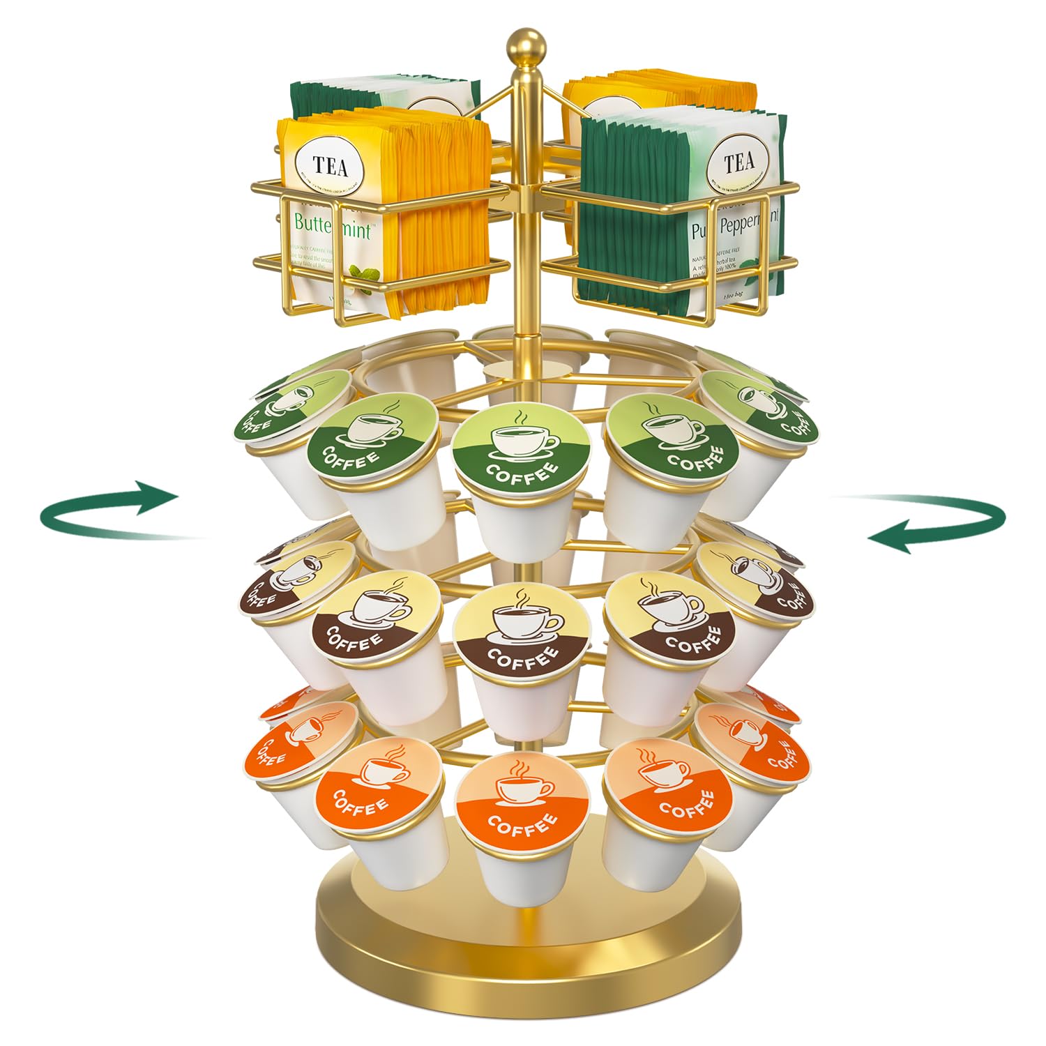 EsLuker.ly K Cup Holder Coffee Pod Organizer Carousel for Countertop, Rotatable Metal 4-Tier Storage Rack Stand for 30 K Cups &amp; Tea Bags, Convenience Meets Elegance, Gold