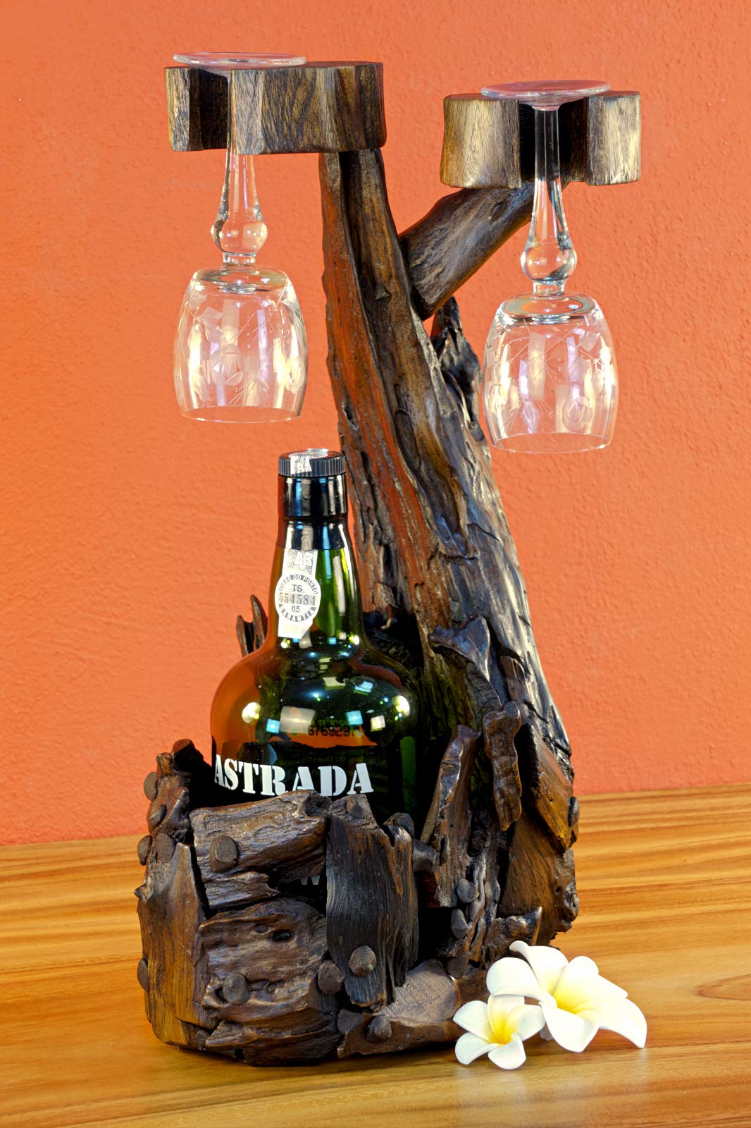Kinaree Teak Wurzelholz Flaschenständer - 45cm Teak Flaschenhalter - Edel und dekorativ für 1 Flasche und 2 Gläser