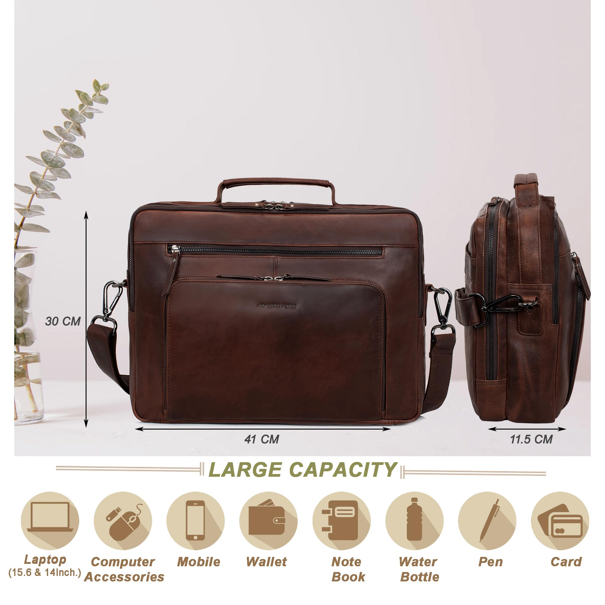 Marc Peter® Laptoptasche Auckland 15,6 Zoll Leder I Umhängetasche für Laptop I Aktentasche für Notebook I Tasche für Damen und Herren