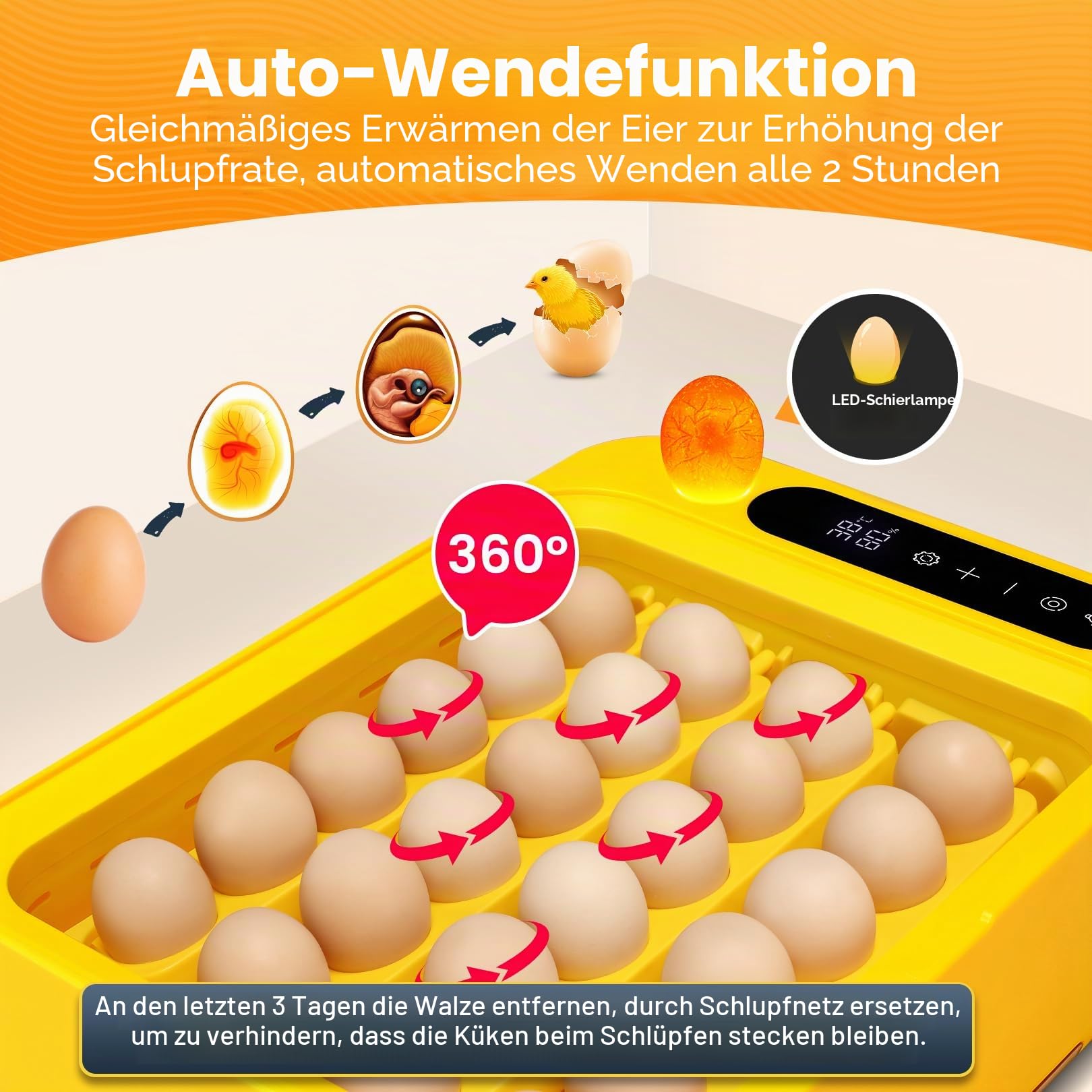 Sailnovo-24 Brutautomat für Hühner, Andere Vögel + 20 Eier + Brutautomat vollautomatisch + Temperaturkontrolle + Feuchtigkeitsanzeige + Externer Wasserzugabe- Gelb