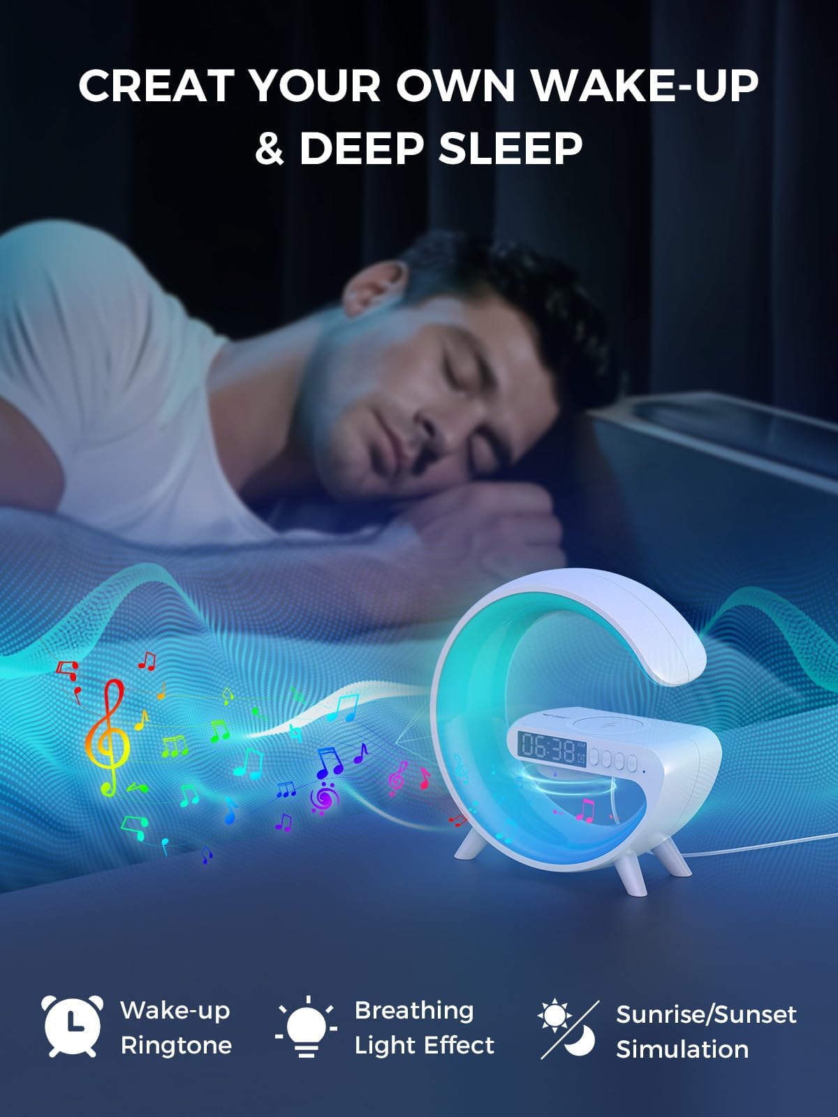 Smiling Shark Despertador Luz, Atmósfera Lampara Cargador Inalámbrico con Altavoz Bluetooth Botón Control 10 Modo de Luz Amanecer Simulación Inteligente LED Luces de Despertador para Decoración Hogar