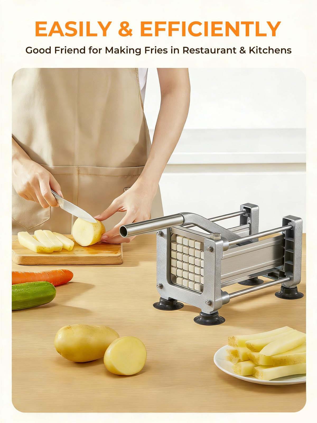 FOHRER Tagliapatate Professionale in Acciaio Inox con 3 Lame (13, 9, 6 mm) per Patate Intere, Carote, Cetrioli, Cipolle e Patate Fritte (Argento)