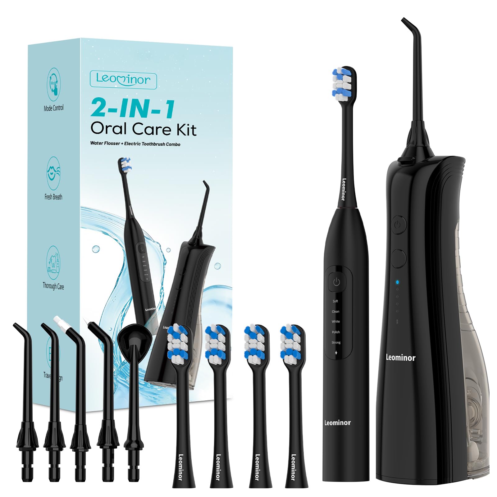 Leominor Set 2 in 1 con idropulsore e spazzolino elettrico per uso familiare, kit portatile per l'igiene orale con diverse modalità, grande serbatoio d'acqua, set per la pulizia dei denti e il filo