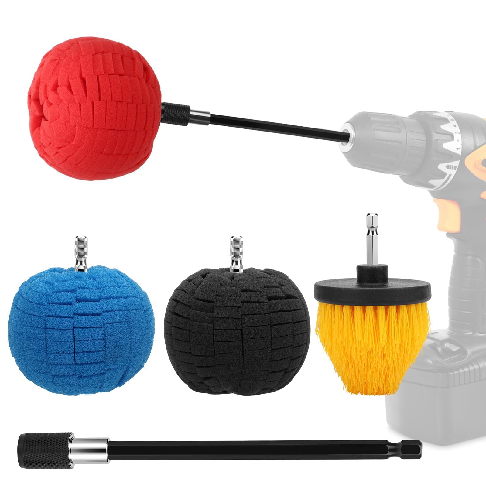 Linkstyle 8Pcs Drill Polishing Cone & Ball Sponge Set, Foam Buffing Pads with Extension Holder & Brush, 1/4" Hex Shank for Electric Drill, Car Wheel Hub Rim & Metal Polisher Tool Kit