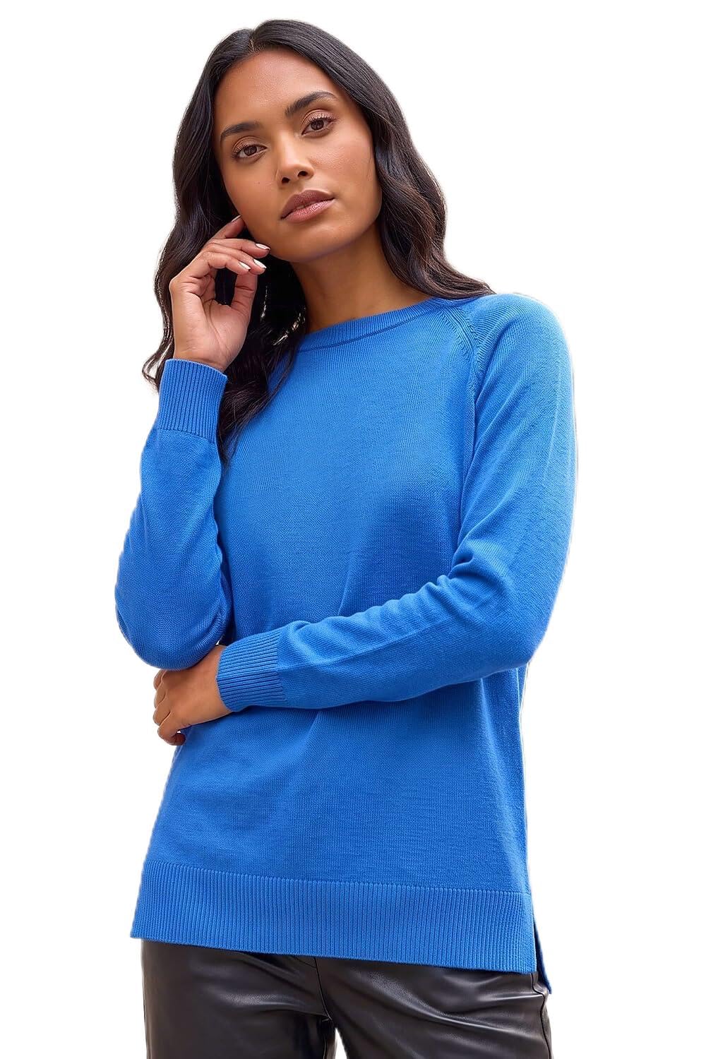 Roman Originals Women's Blue Roman Soft Jumper For Uk Winter Autumn Sweater Knit Knitwear Round Crew Neck Top Plain Lightweight Comfy Long Sleeve Split Hem Everyday Daywear - Size 12