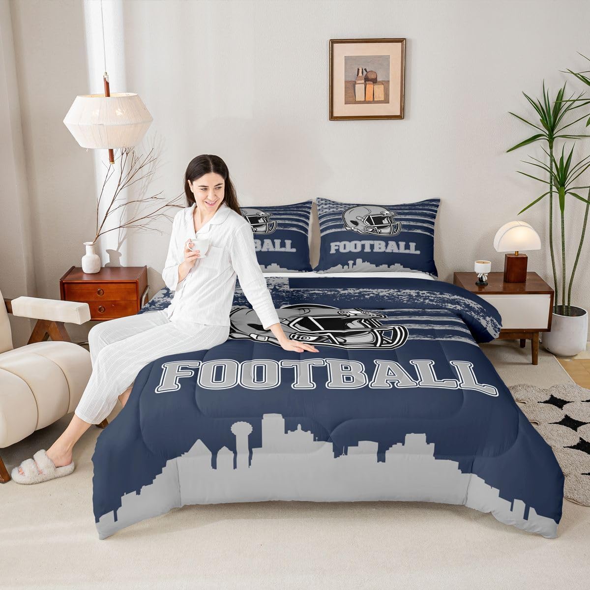 Erosebridal Boys Rugby Sports Decor Comforter Set for Boys Teens Youth Retro Sport Flag Bedding, Navy and Grey Football City Stripes USA Flag Duvet Set Queen with 2 Pillowcases