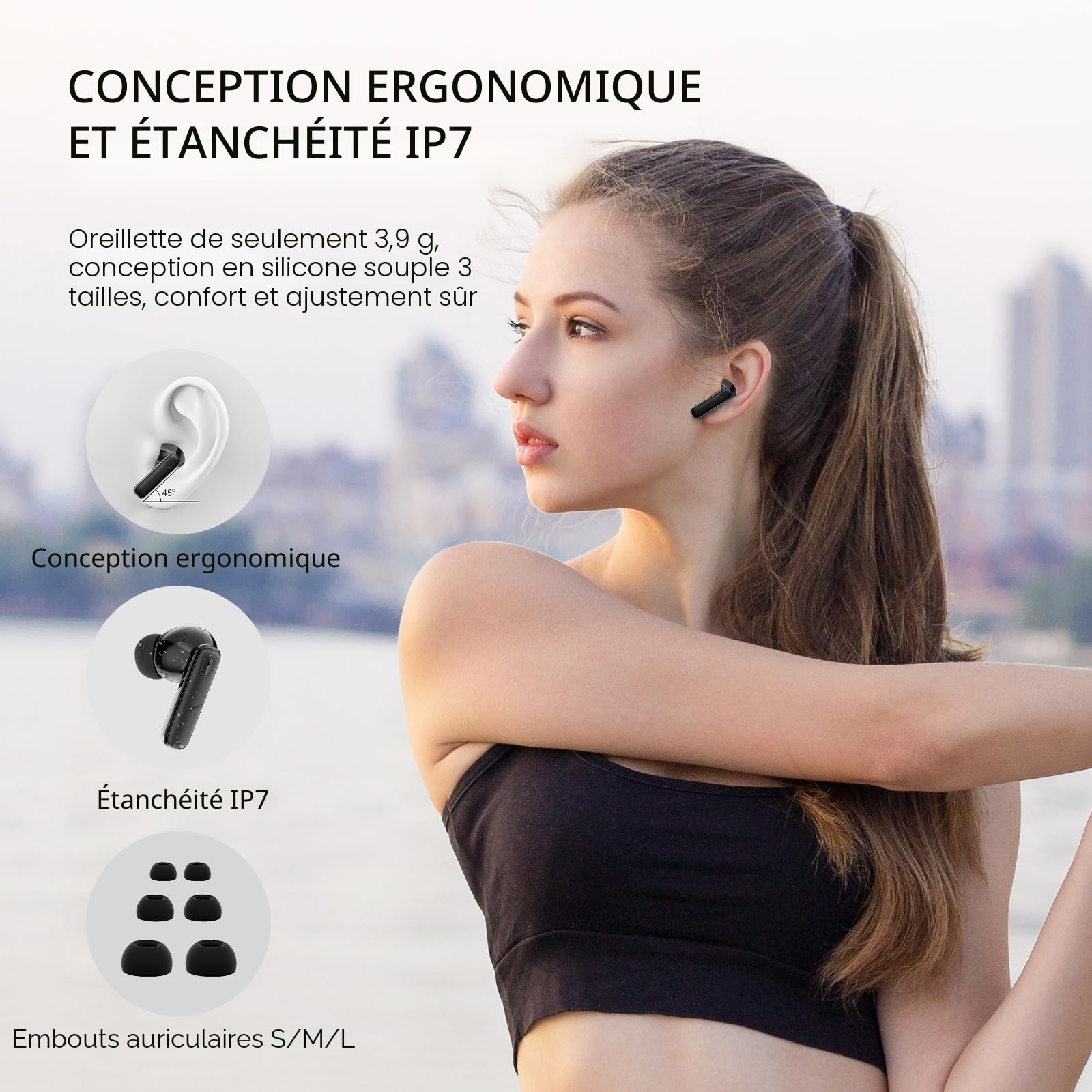 Ecouteurs Bluetooth sans Fil,Écouteurs sans Fil Intra-Auriculaires HiFi Stéréo avec Réduction de Bruit ENC,40H d'Autonomie,IP7 Étanche,Écran LED,Appairage en un Pas, Pour Sport/Téléphone/Travail