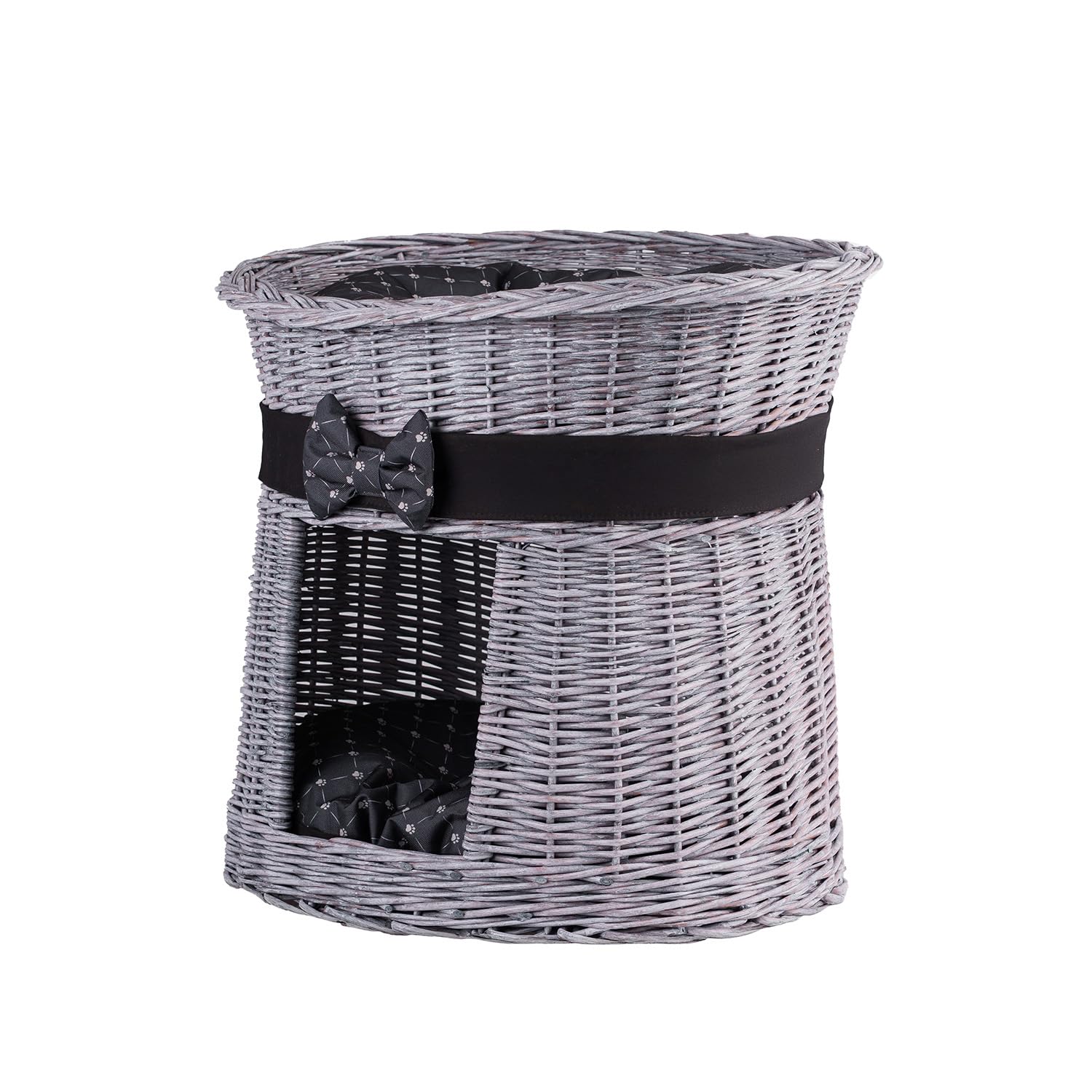 Cuccia ovale grigia per gatti, cuccia in vimini, cuccia per gatti a due piani, con cuscino, torre per gatti