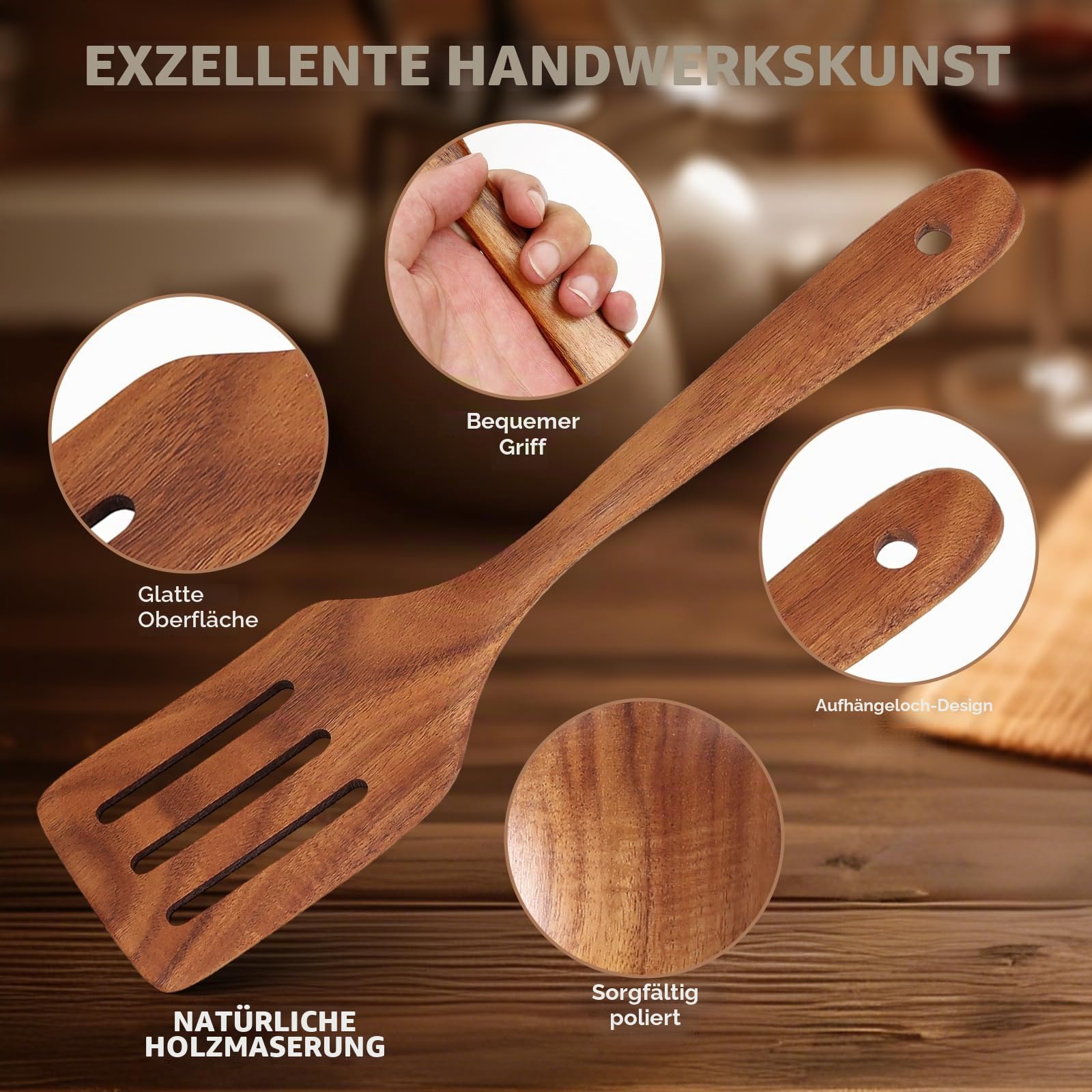 AIUHI 10-teiliges Teakholz-Küchenutensilien-Set, Holzutensilien zum Kochen, antihaftbeschichtetes Küchen-Pfannenwender-Set zum Kochen und Servieren