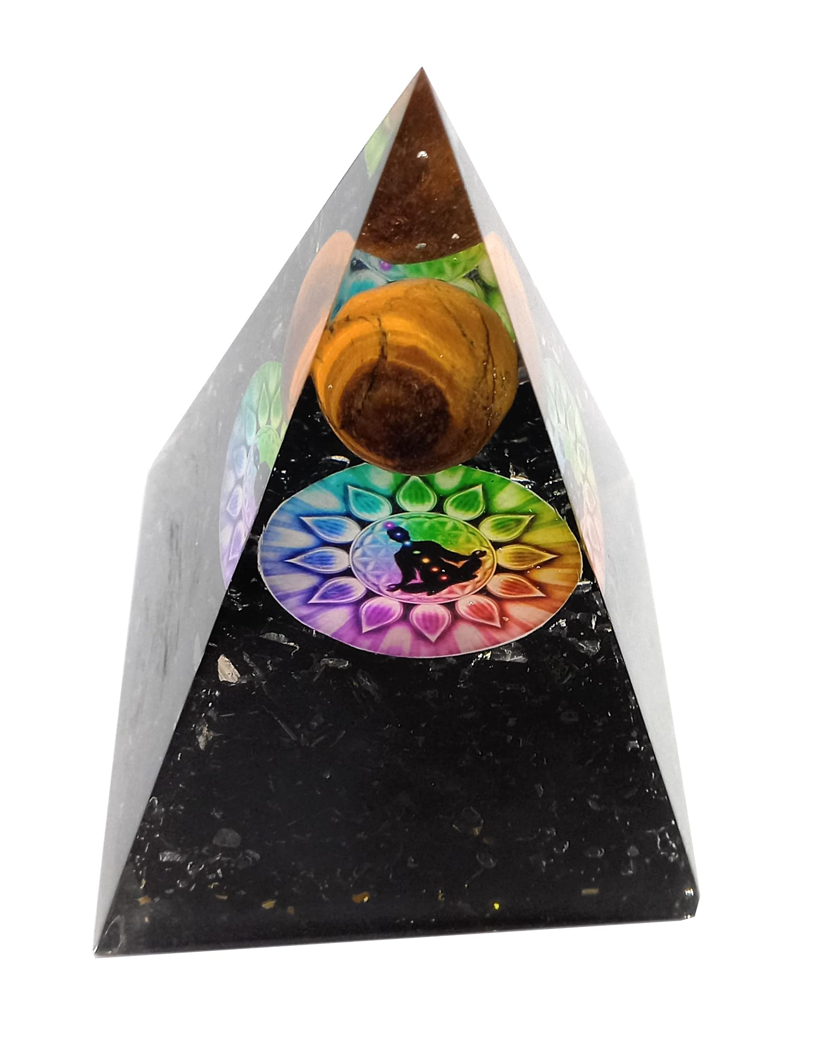 Samyuktha Piramide di orgonia naturale in tormalina nera con sfera occhio di tigre per ricchezza, prosperità, successo, resina, 7,6 cm, ricchezza, prosperità, Feng Shui, Vastu, scrivania, Evil Buri
