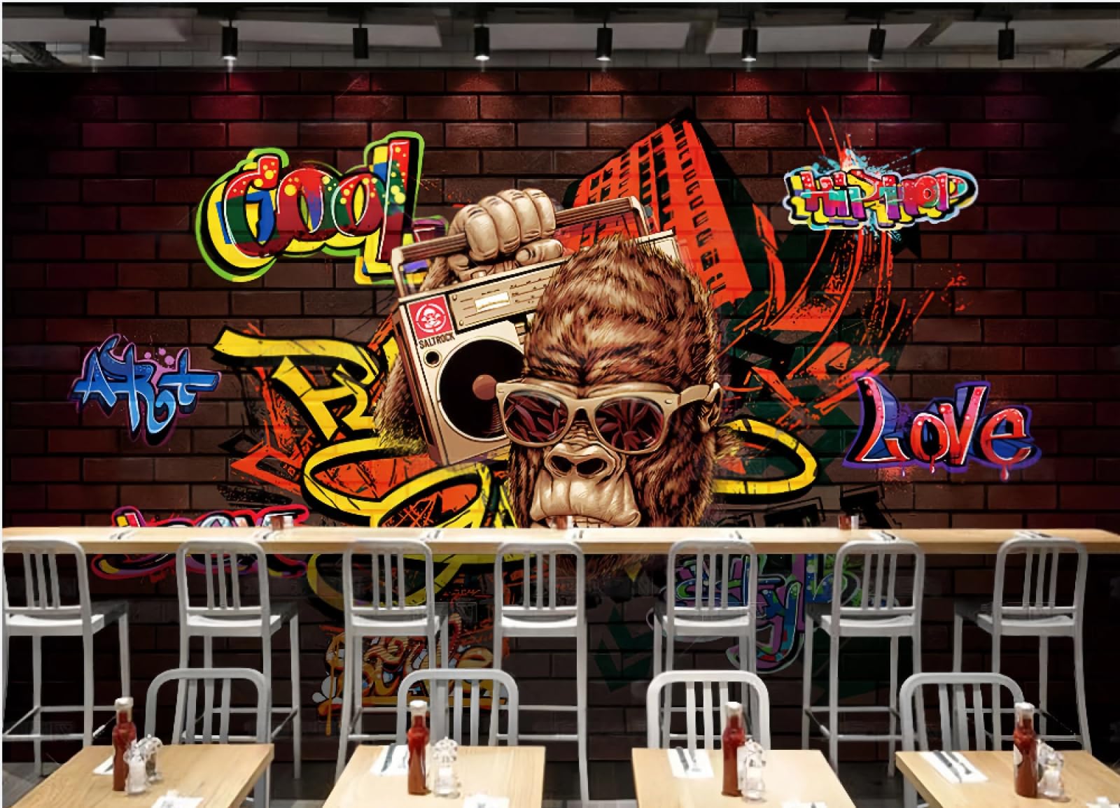 Carta da parati alla moda con tema musicale graffiti hip-hop per bar e ristoranti, 3D, 250x175 cm