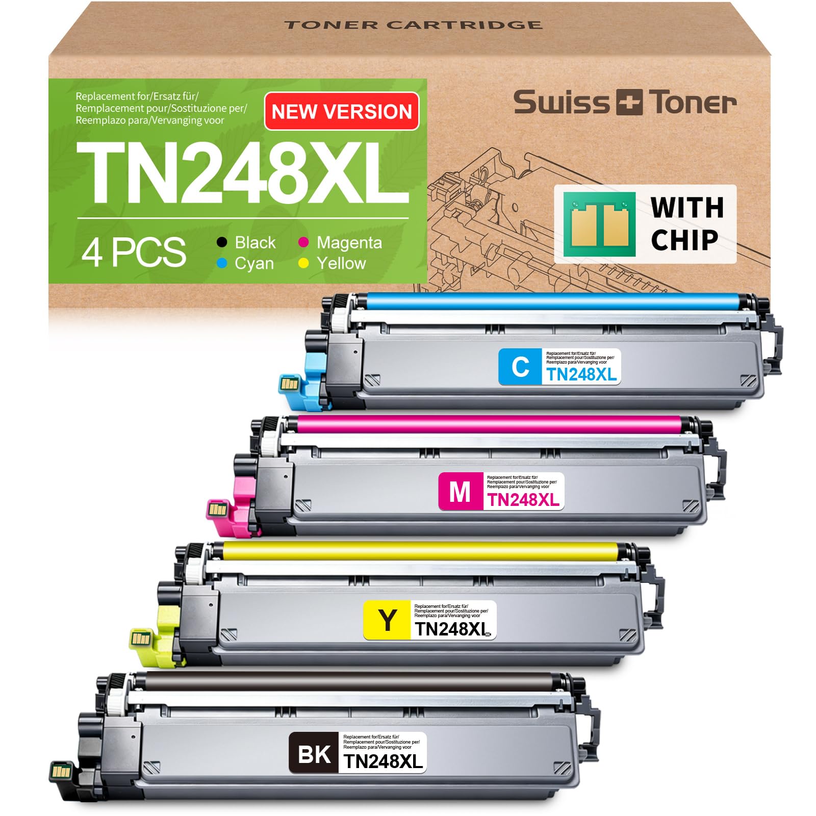 swiss toner TN248XL TN248 TN-248XL MFC-L3740CDWE Toner MFC-L3760CDW 4-Pack | Compatible Con Brother MFC-L3760CDW Toner MFC-L3740CDW MFC-L3740CDWE DCP-L3560CDW HL-L3240CDW HL-L3220CW