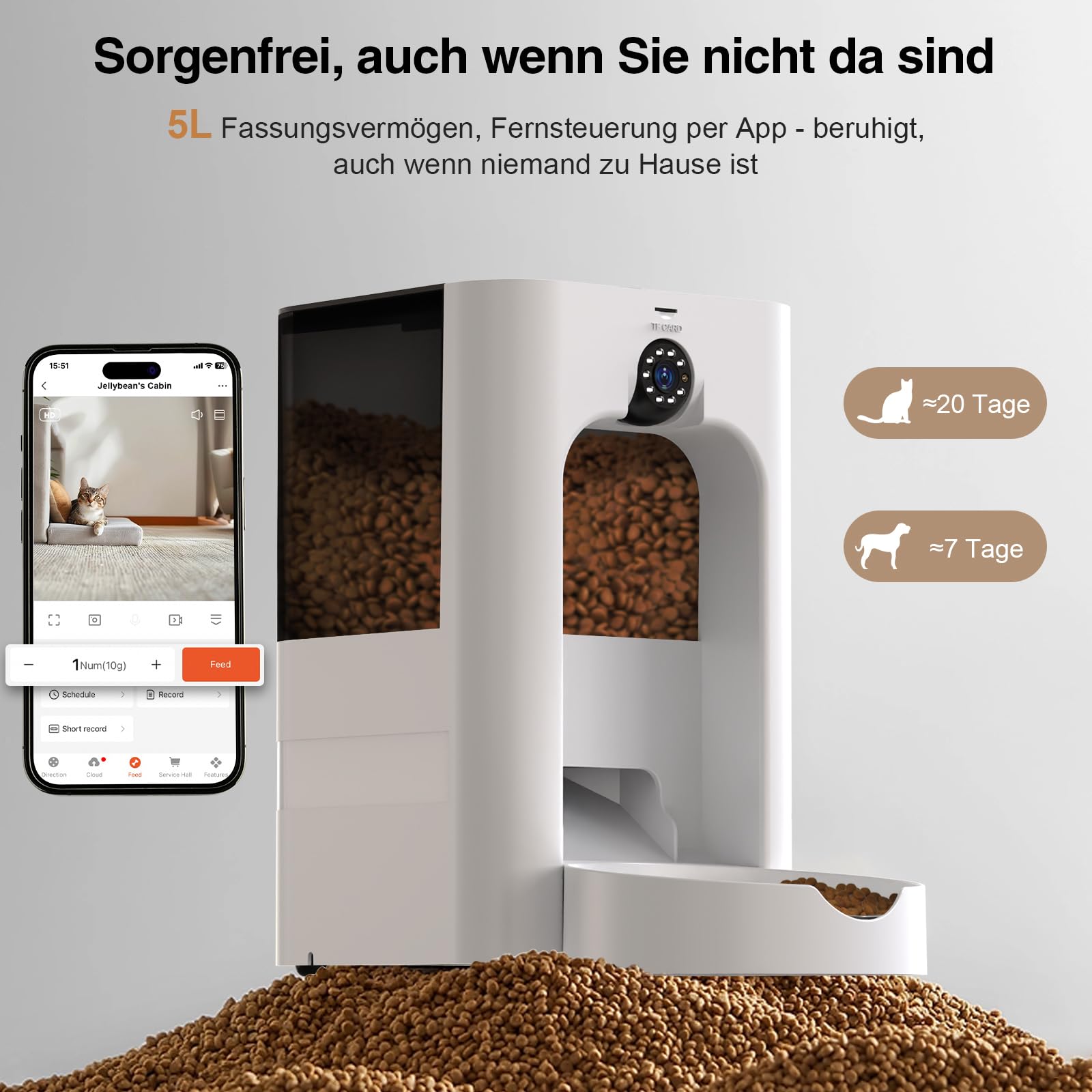 Smartes Katzen Futterautomat Mit Kamera - 5L Automatischer Futterspender Mit App