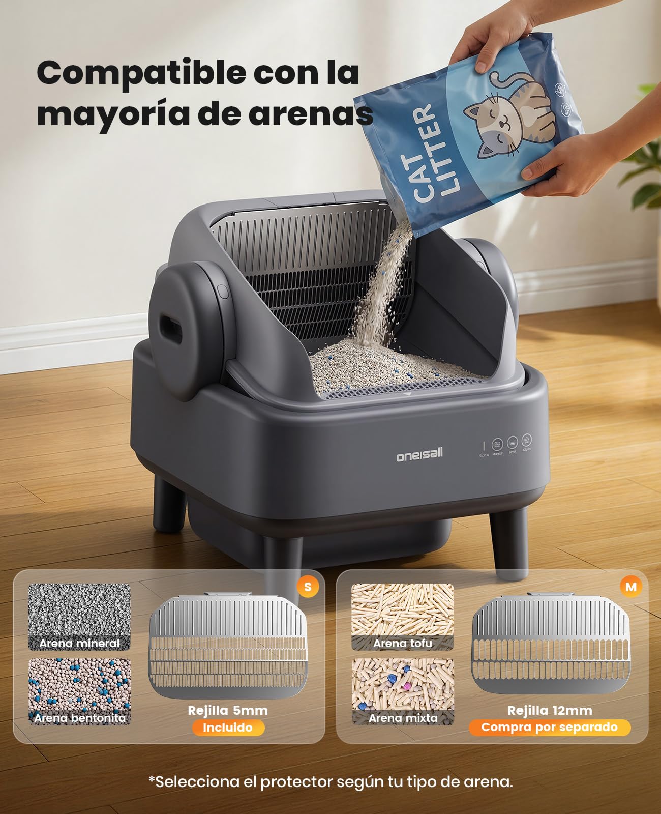oneisall Arenero para gatos autolimpiante con sistema EaseClean™, arena autolimpiante para gatos XXL para gatos grandes, rejilla de acero inoxidable, modo automático y manual, incluye alfombrilla y 40