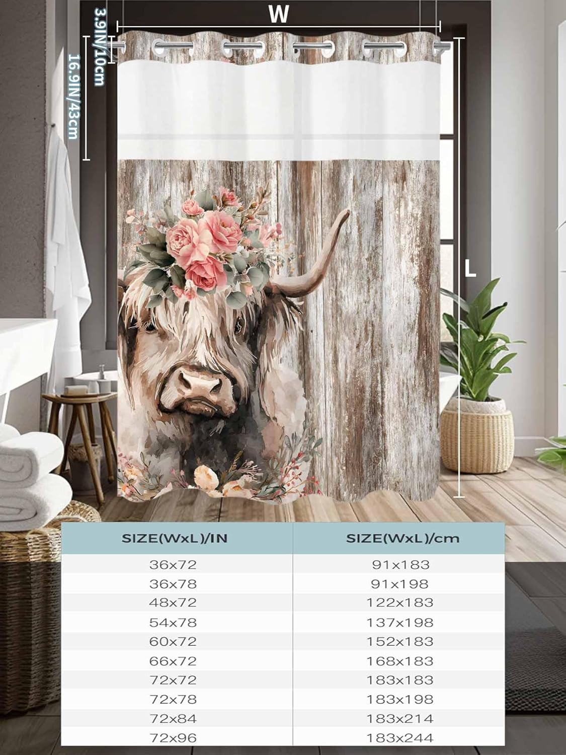 Highland Cows No Hook Shower Curtain with Snap in Liner Abstract Animal Pink Flower Brown Wood Grain Farm Shower Curtain for Bathroom, Fabric Waterproof Inner Liner with Mesh Top Window, 60x72